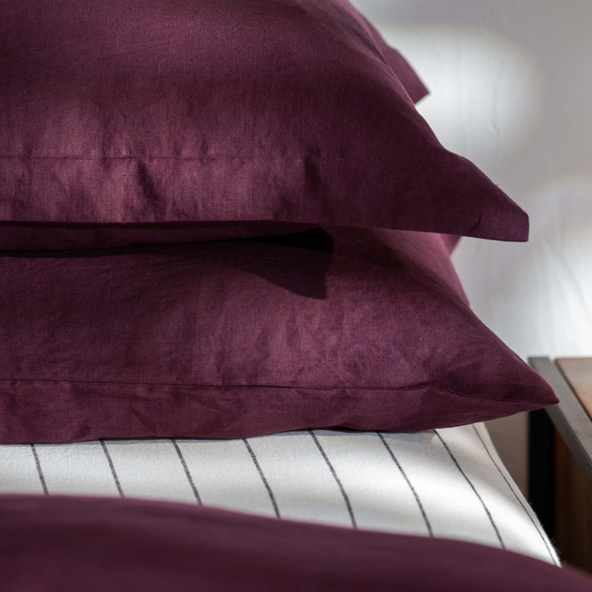 Aubergine French Linen Pillowcases bedroom detail | Soak and Sleep