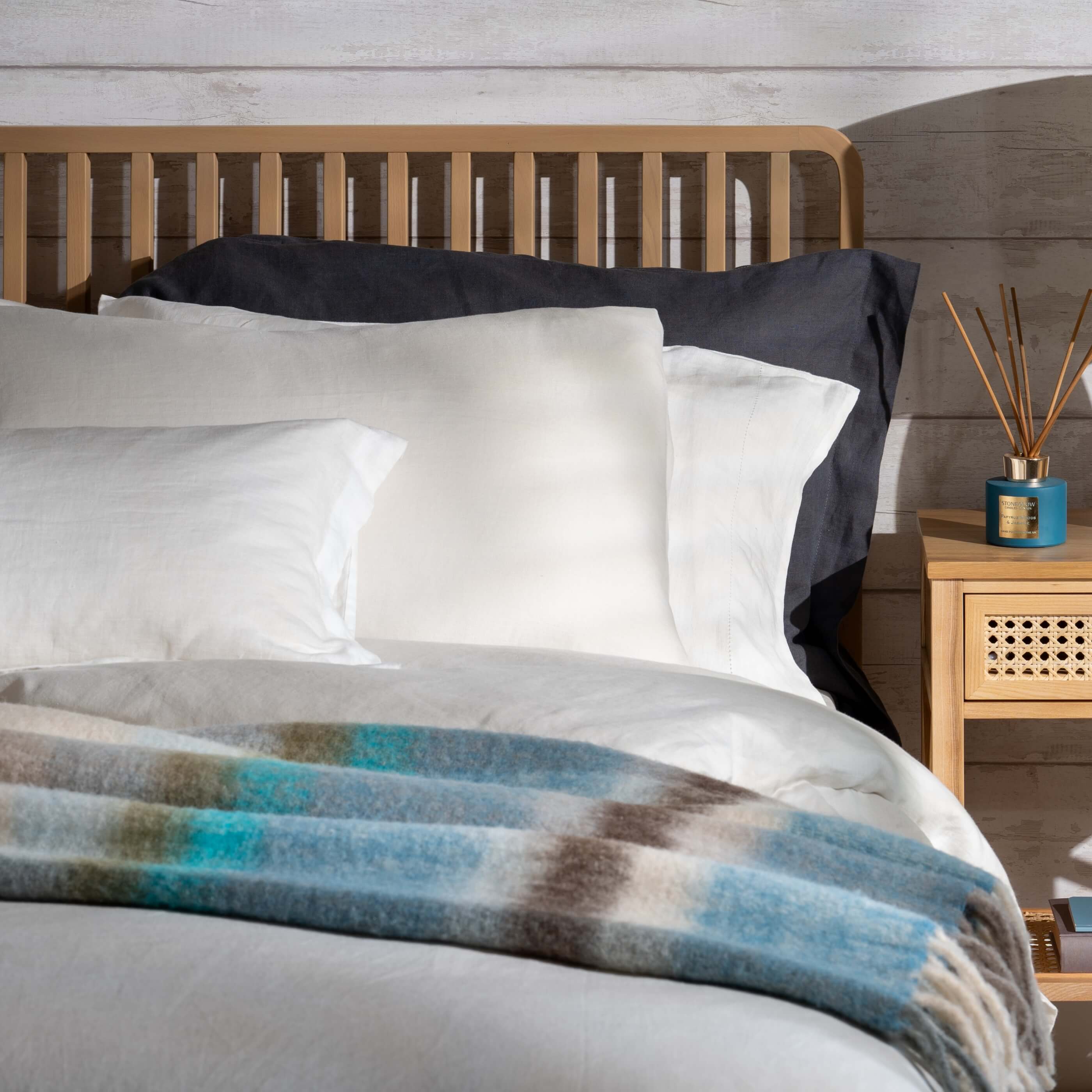 Blue Brushed Check Wool Blend Throw