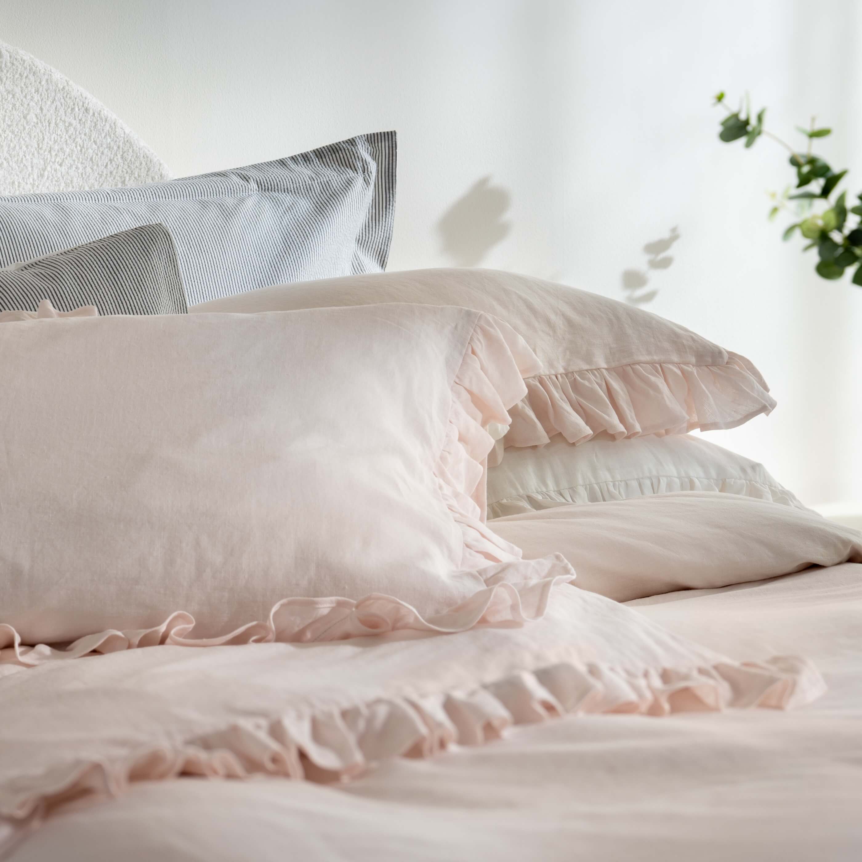 Blush Pink Ruffled French Linen Duvet Cover