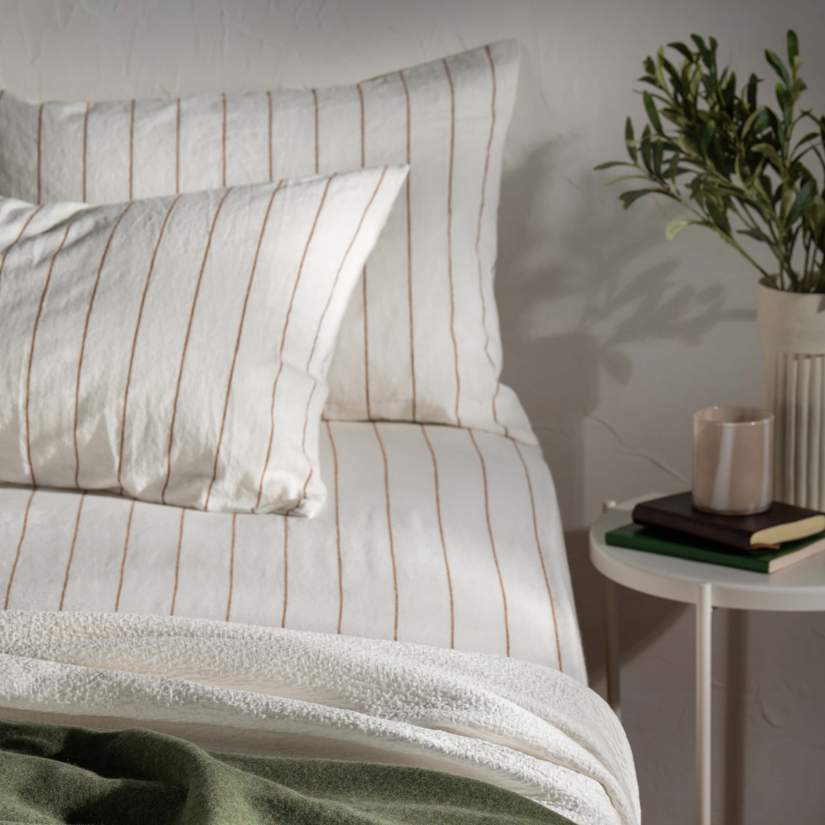 White/Burnt Orange Pinstripe Linen Cotton Blend Bedding close-up detail 2 | Soak and Sleep
