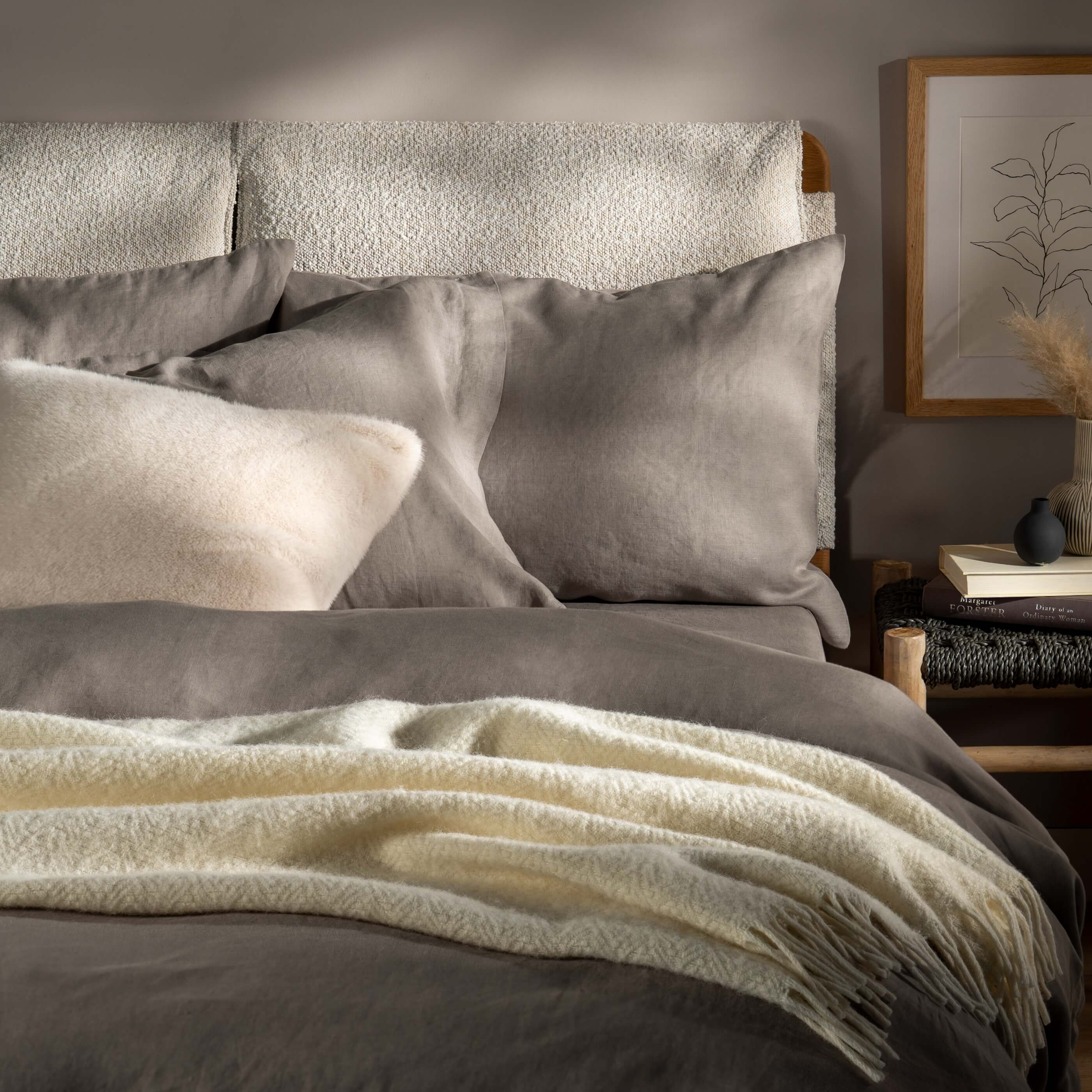 Cream Pure Wool Textured Throw - natural, styled in a bedroom | Soak and Sleep