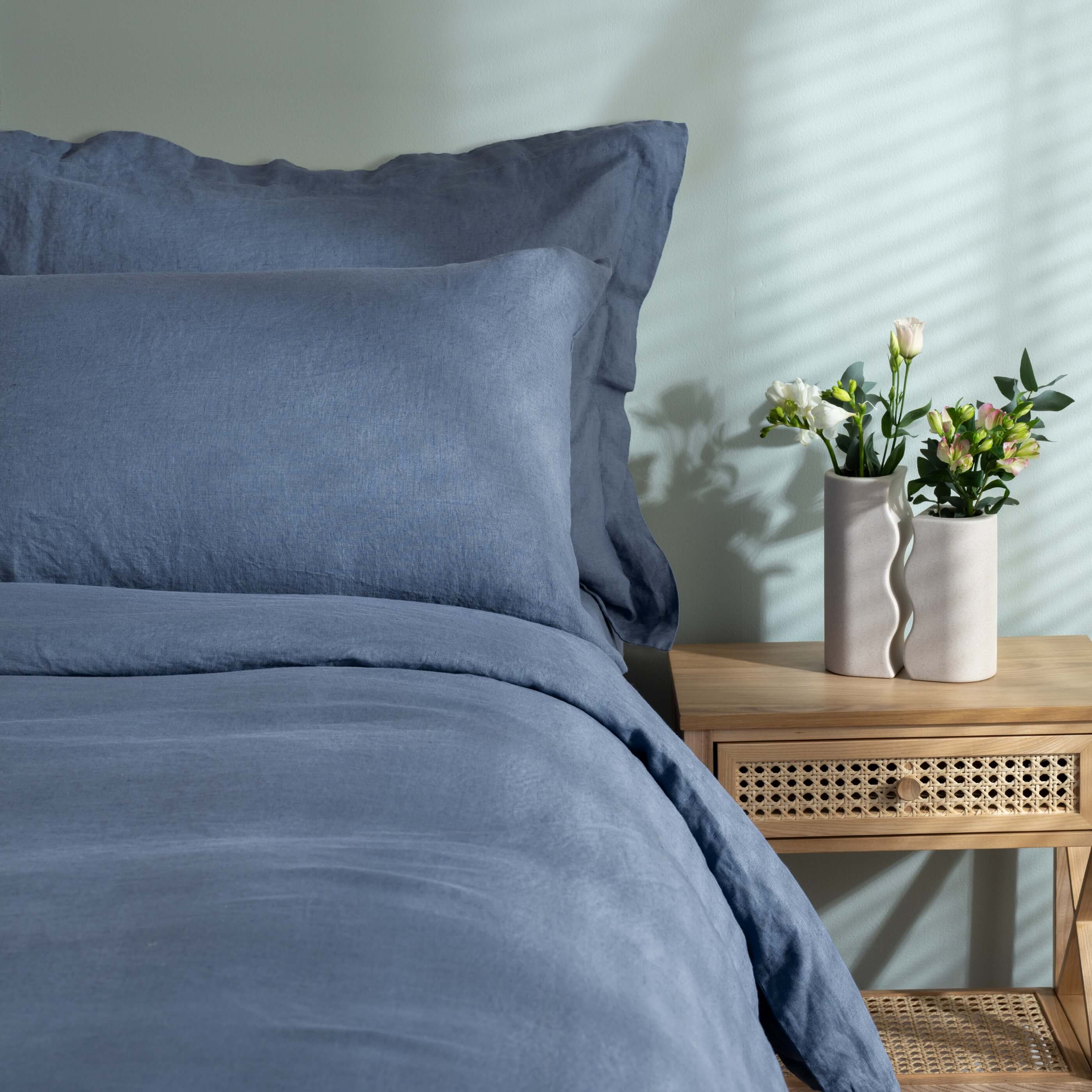 Denim Blue French Linen Bedding And Bed Sheets - breathable, bedroom detail | Soak and Sleep