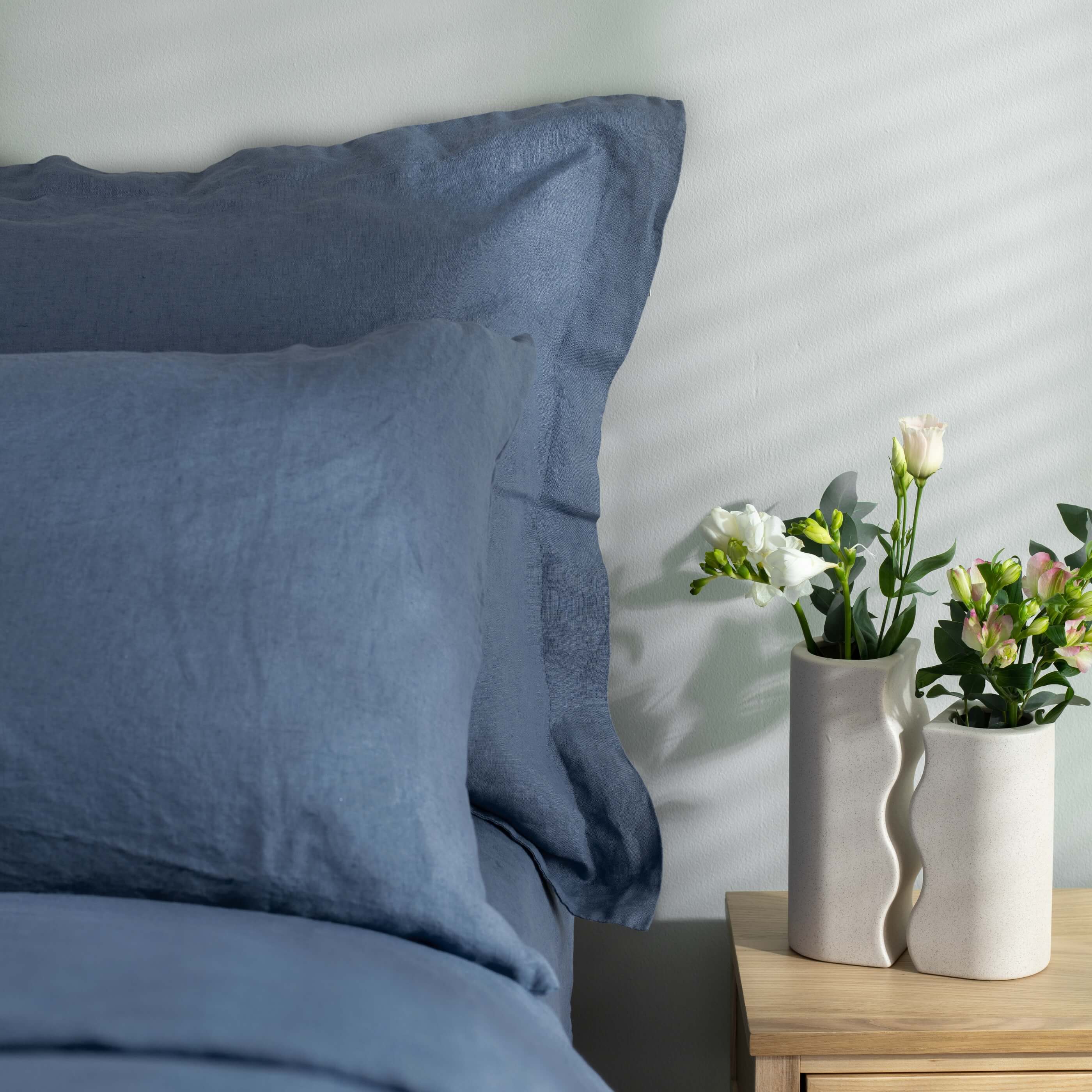 Denim Blue French Linen Bedding And Bed Sheets - breathable, close-up detail 3 | Soak and Sleep