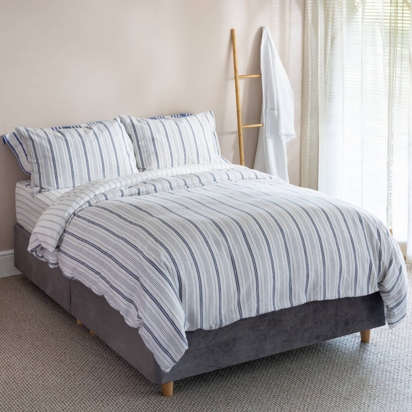 Navy/ White Fine Stripe Linen & Cotton Standard Fitted Sheet