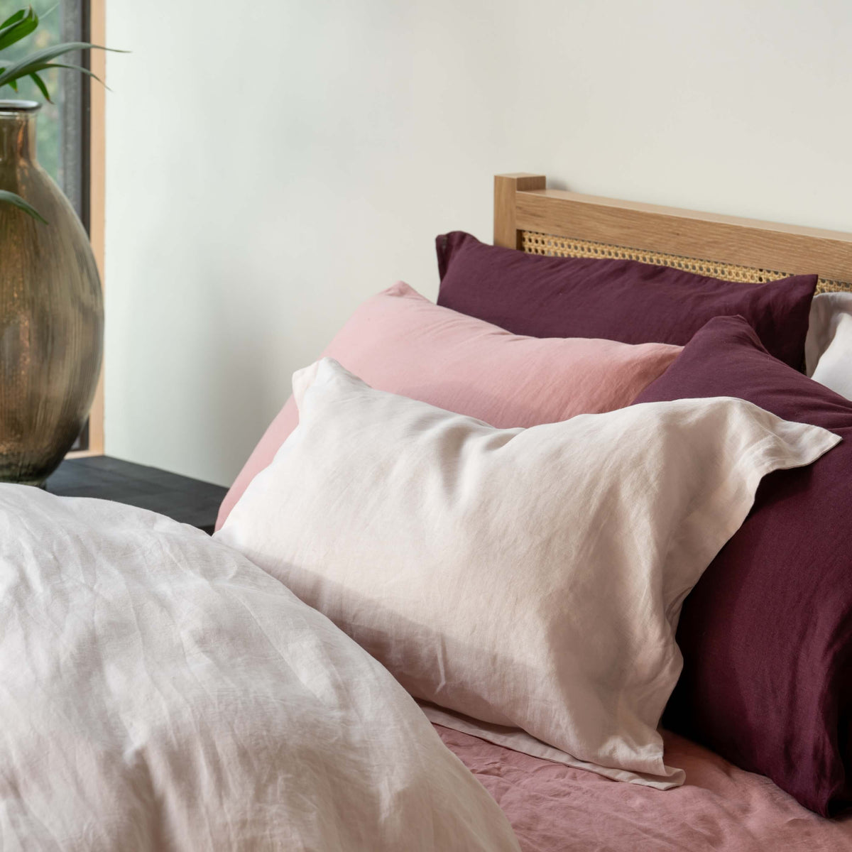 Blush Pink French Linen Bedding And Bed Sheets - breathable, in a styled bedroom 3 | Soak and Sleep