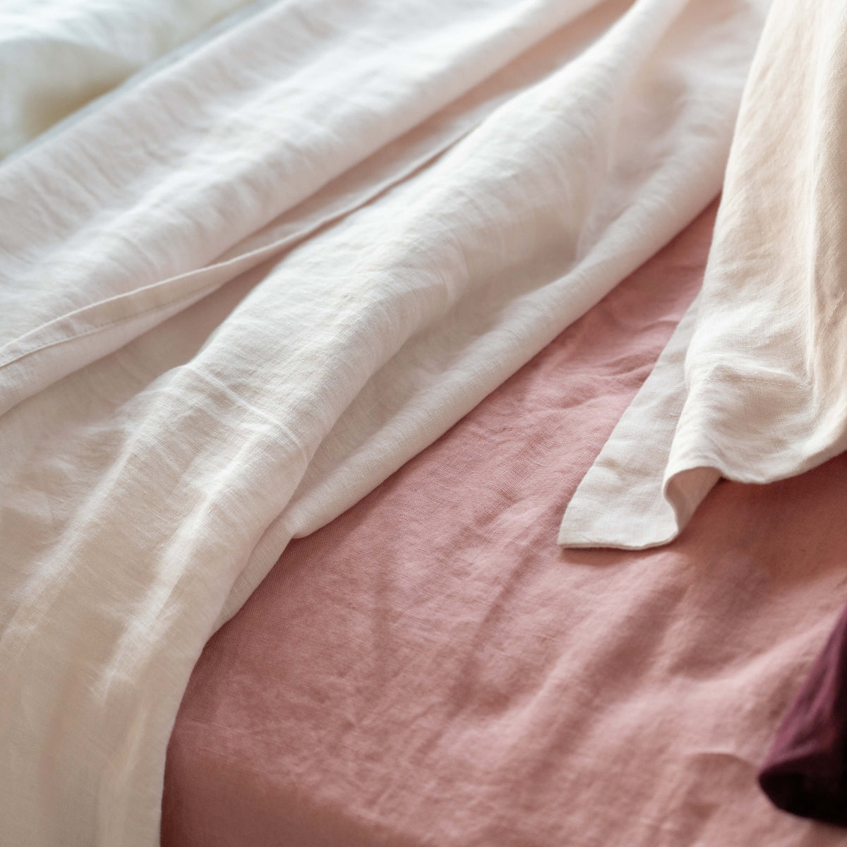 Blush Pink French Linen Bedding And Bed Sheets - breathable, in a styled bedroom 5 | Soak and Sleep