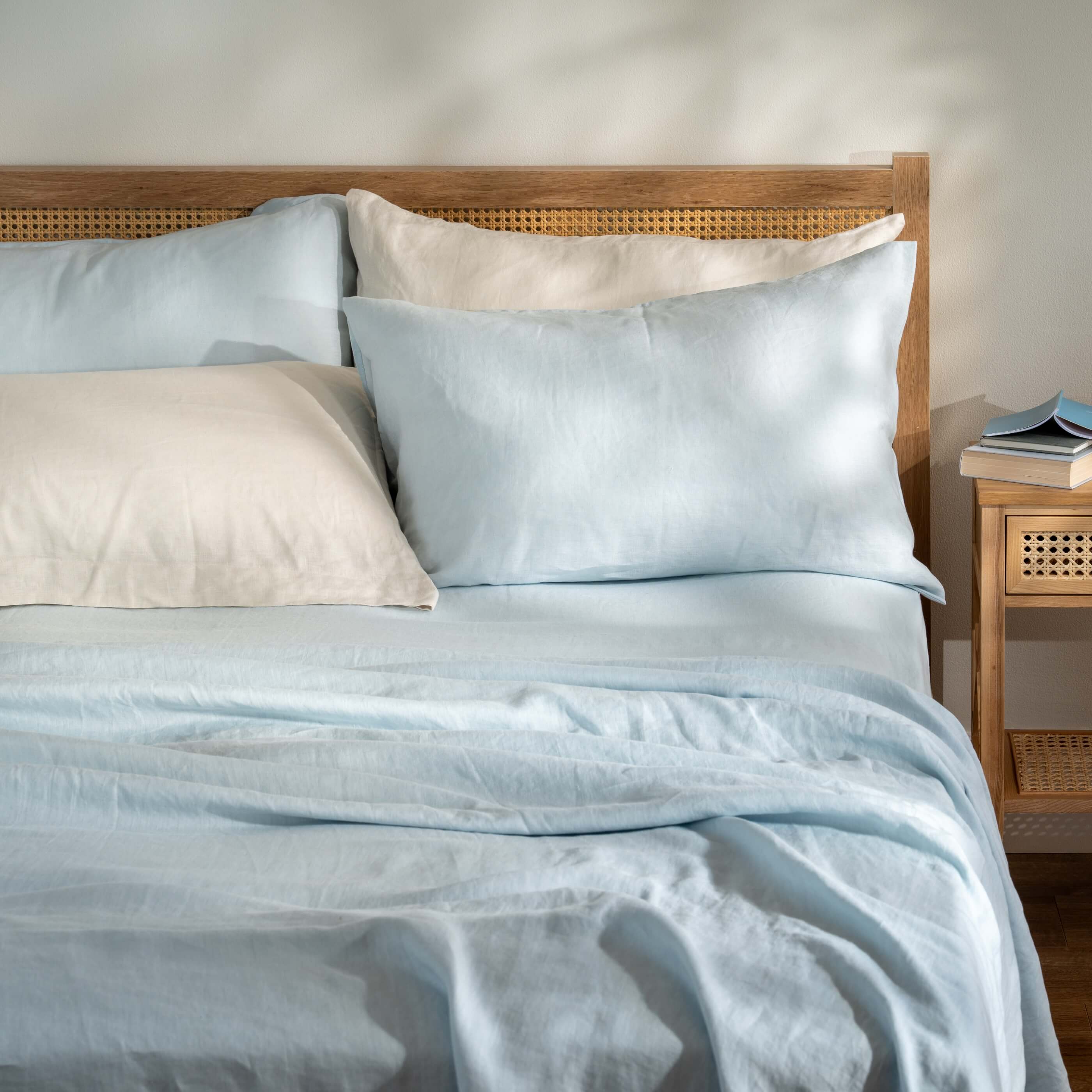 Mineral Blue French Linen Bedding And Bed Sheets - breathable, close-up detail 2 | Soak and Sleep