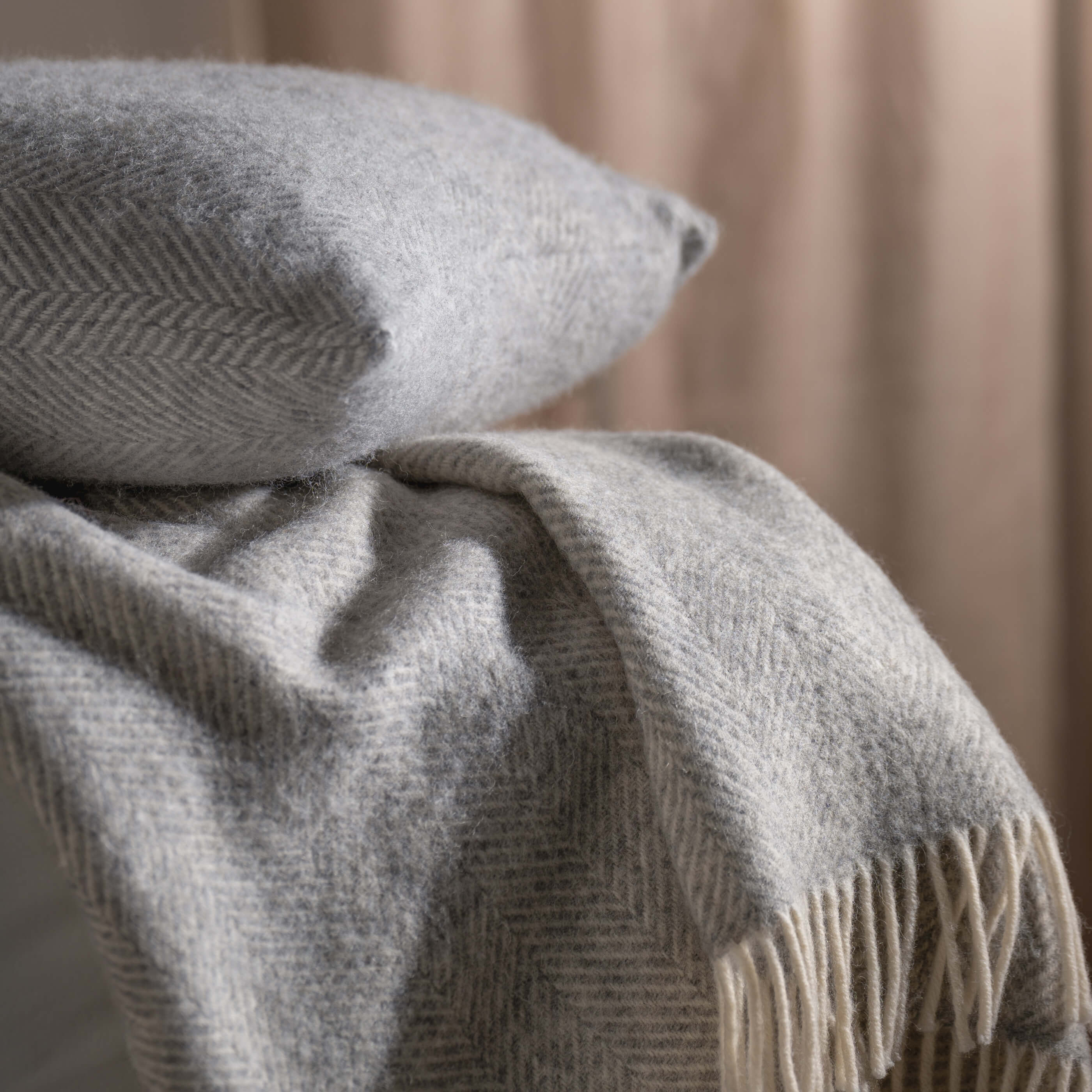 Light Grey Herringbone Pure Wool Throws & Cushions