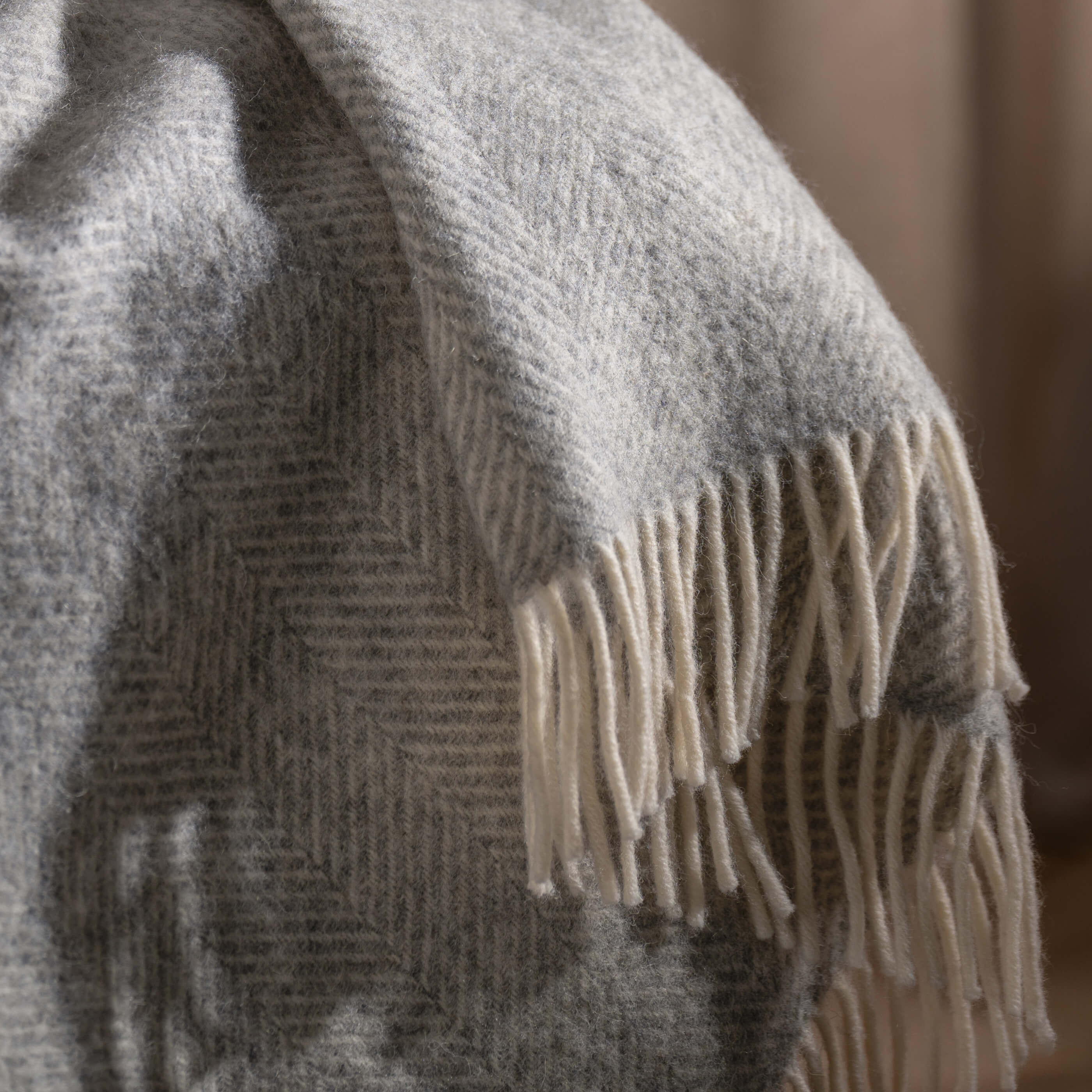 Light Grey Herringbone Pure Wool Throws & Cushions