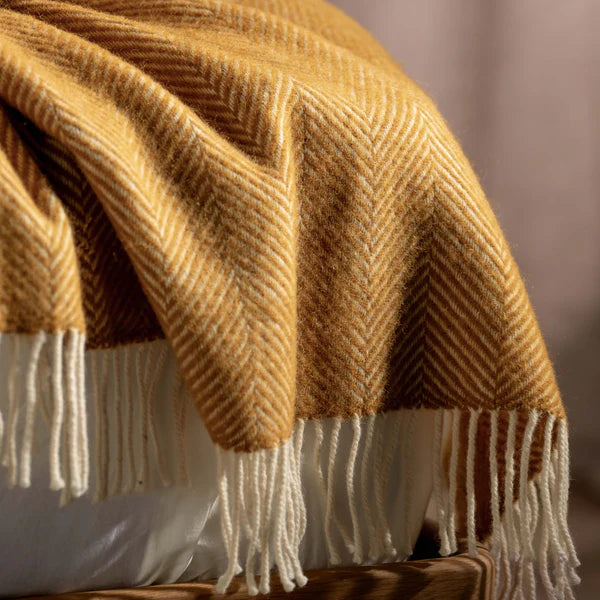 Mustard Herringbone Pure Wool Throws & Cushions