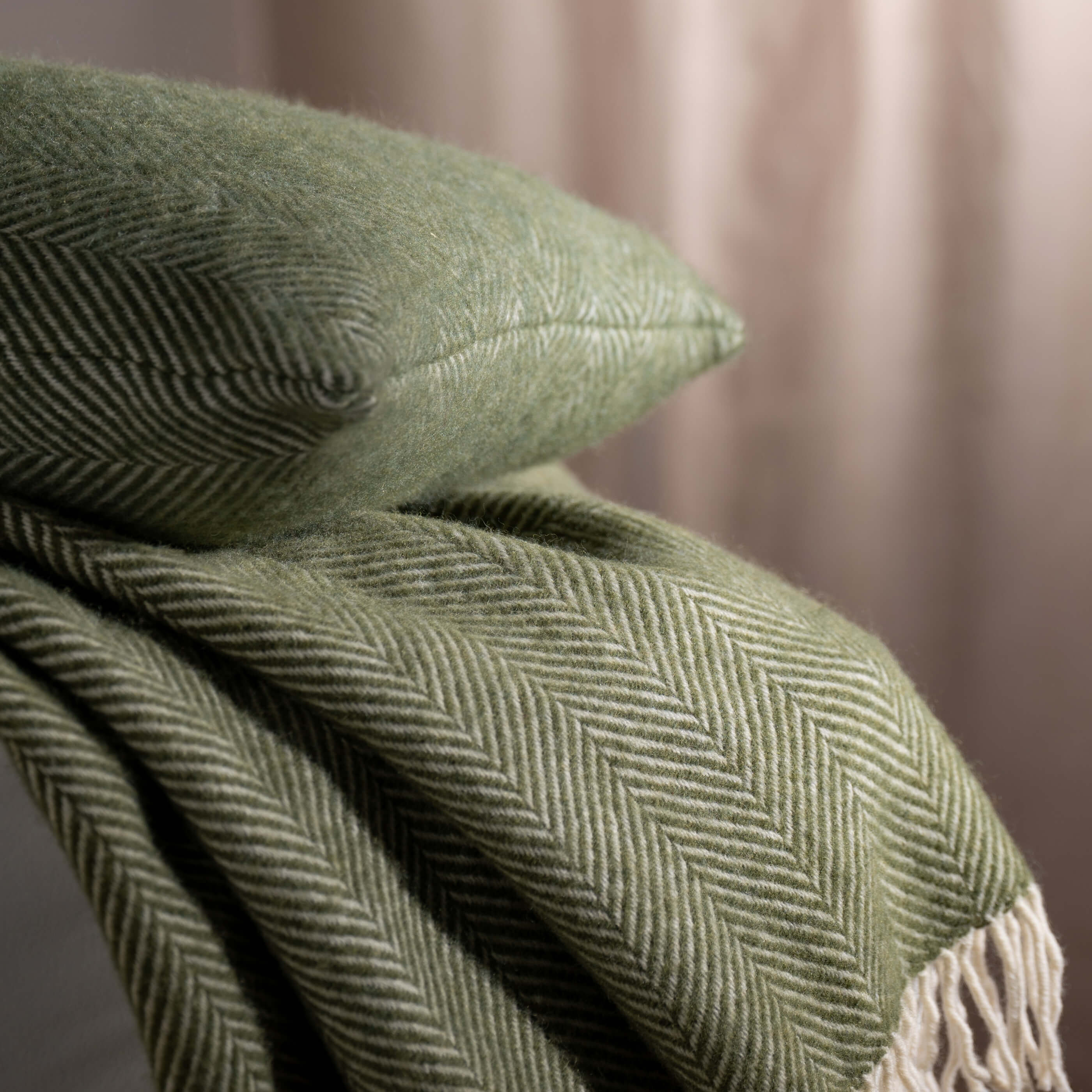 Olive Green Herringbone Pure Wool Cushion detail view | Soak and Sleep