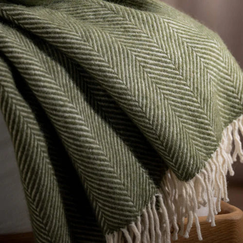 Olive Green Herringbone Pure Wool Throws & Cushions