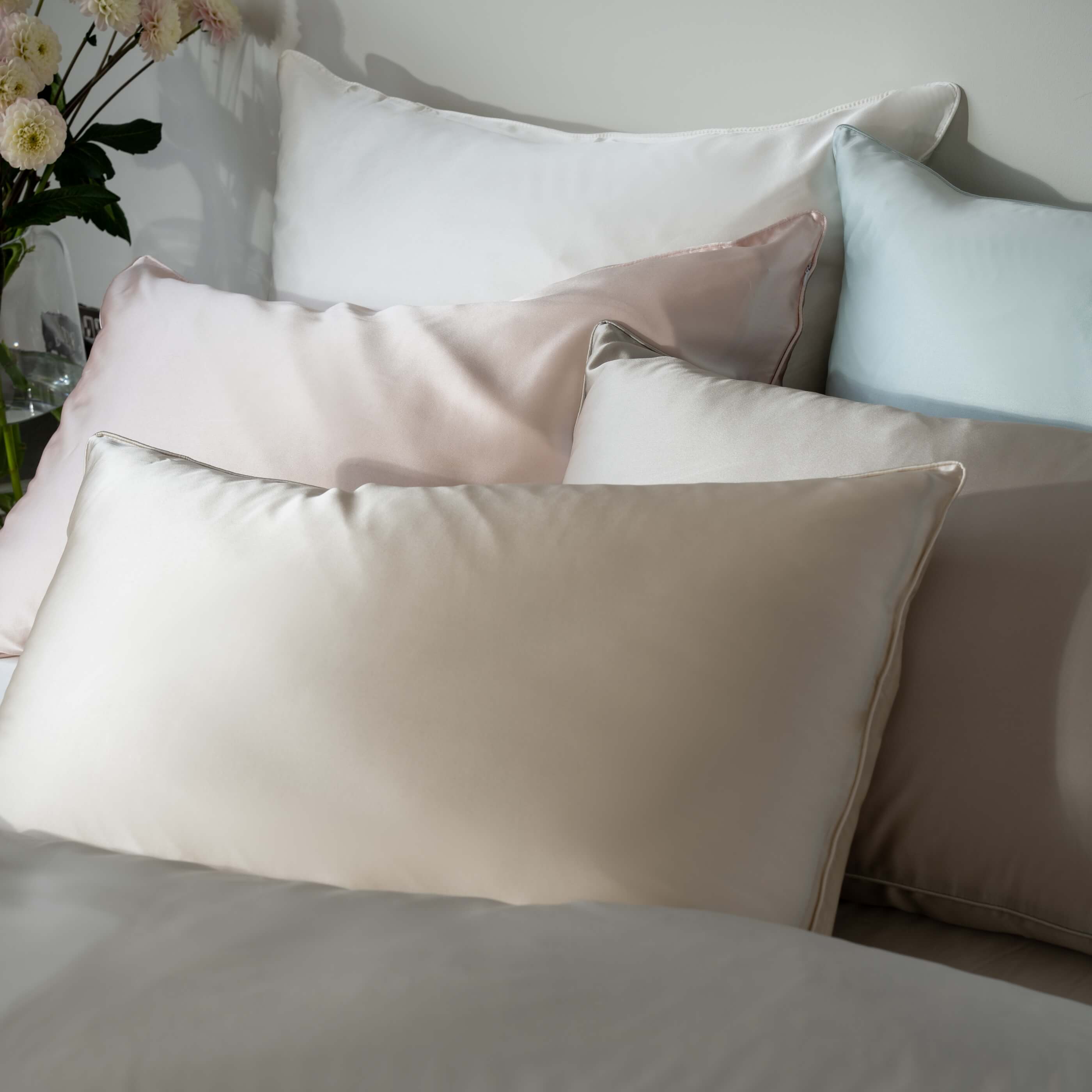 Antique Silver Pure Mulberry Silk Bedding & Bed Sheets in a styled bedroom | Soak and Sleep