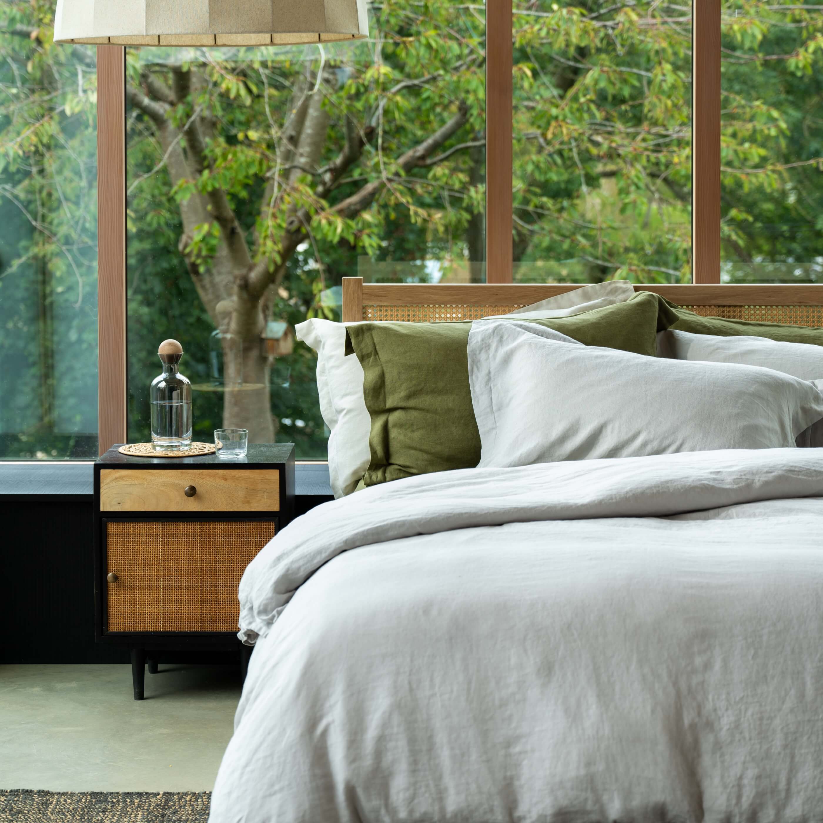 Light Grey French Linen Bedding And Bed Sheets - breathable, in a styled bedroom 2 | Soak and Sleep