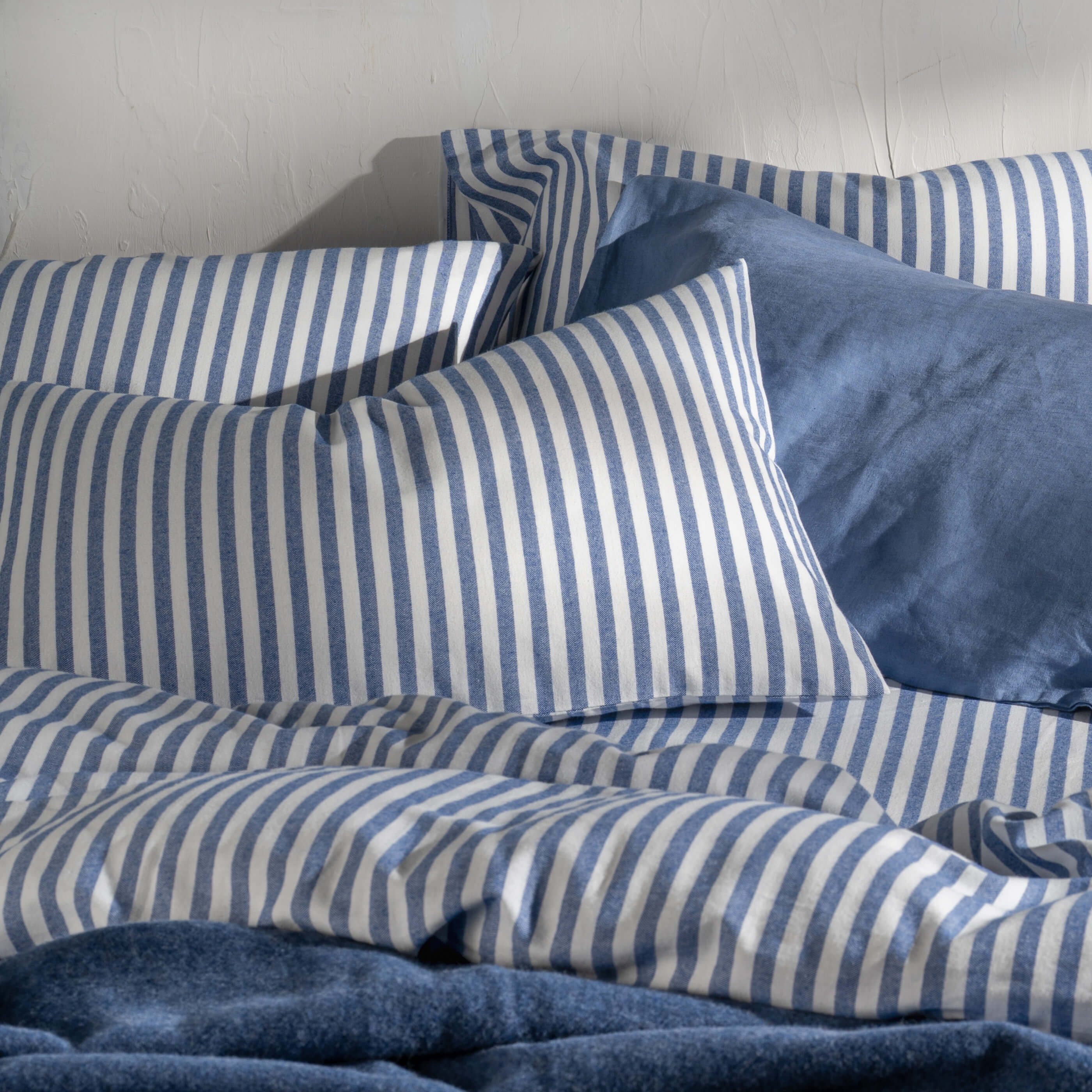 Mediterranean Blue Herringbone Stripe Cotton Housewife Pillowcase Pair