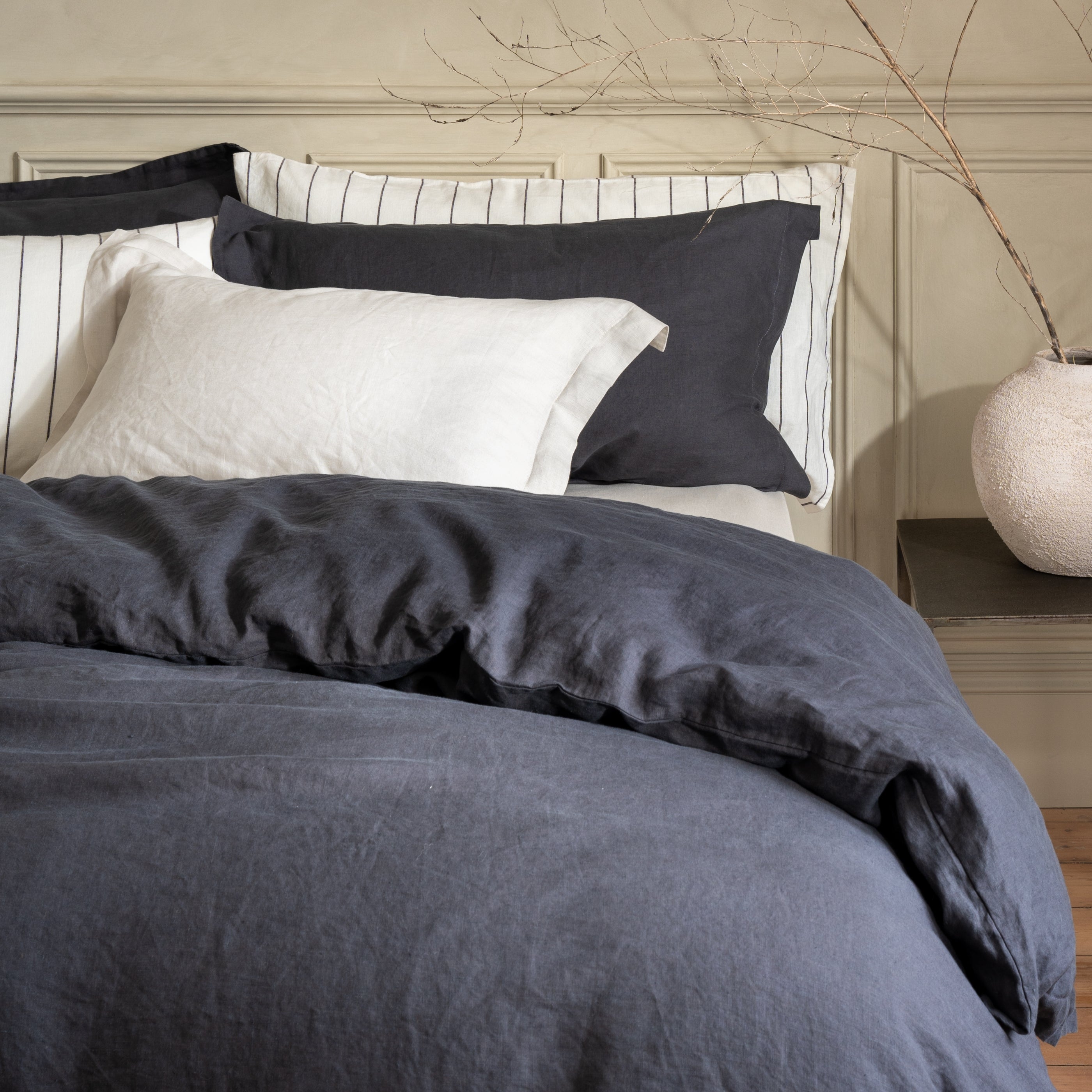 Midnight Grey French Linen Pillowcases in a styled bedroom 4 | Soak and Sleep