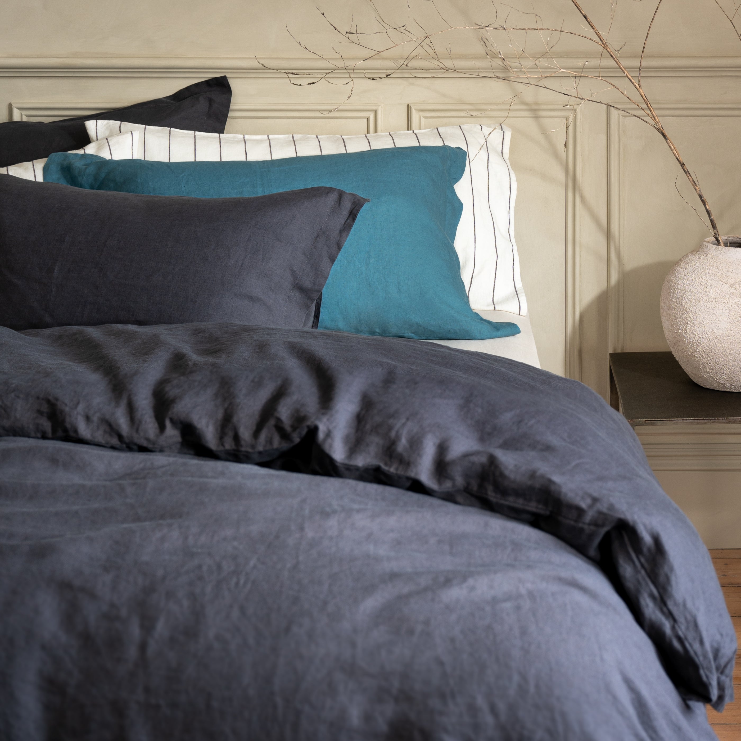 Midnight Grey French Linen Pillowcases in a styled bedroom 2 | Soak and Sleep