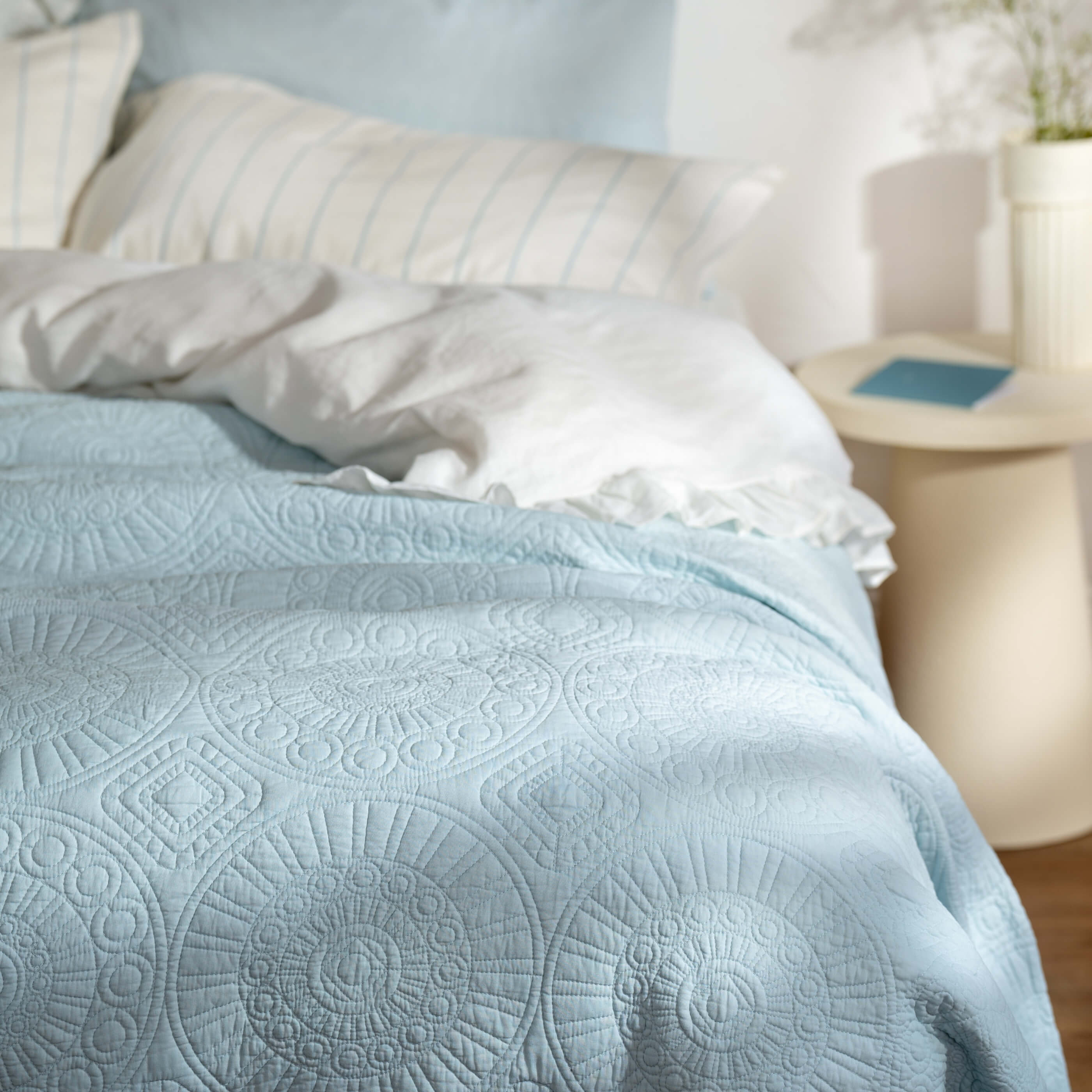 Light Blue Quilted Cotton Bedspread