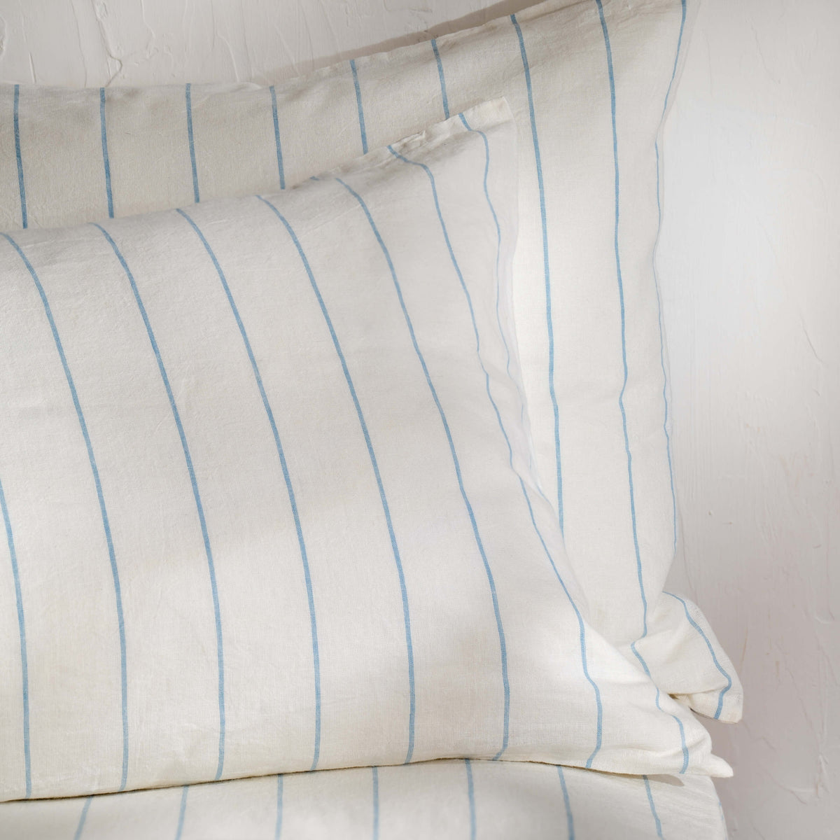 White/Blue Pinstripe Linen Cotton Blend Bedding close-up detail 2 | Soak and Sleep