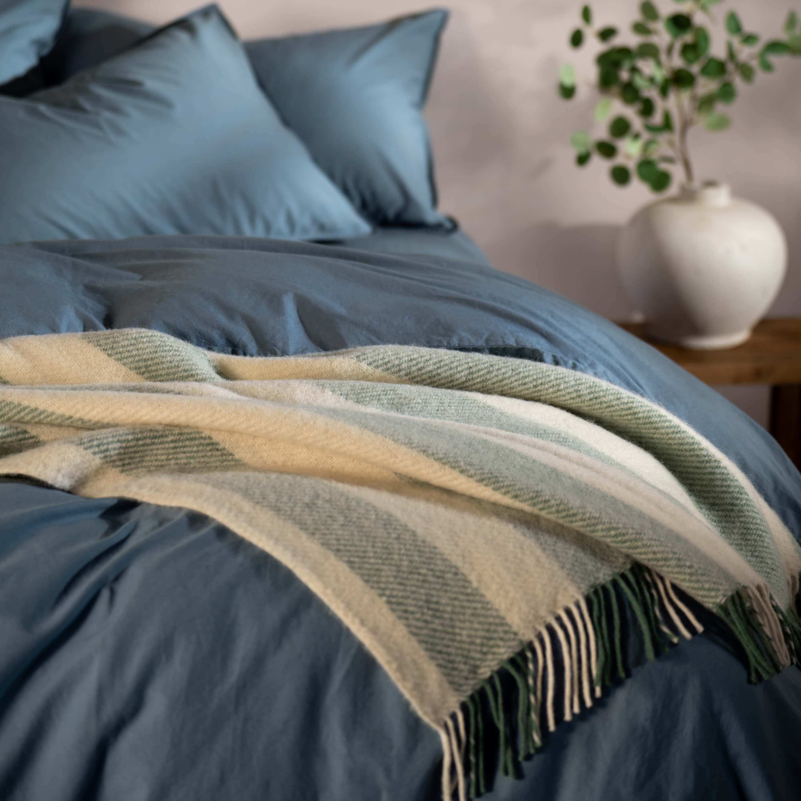 Misty Green Brushed Wool Stripe Throw