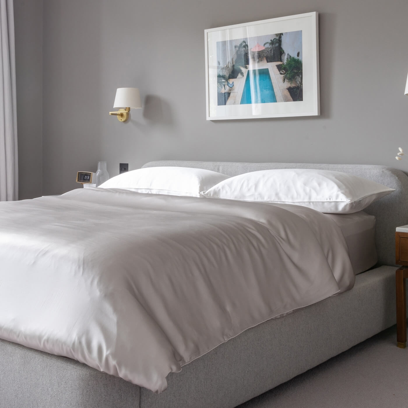 Antique Silver Pure Mulberry Silk Bedding & Bed Sheets detail view | Soak and Sleep