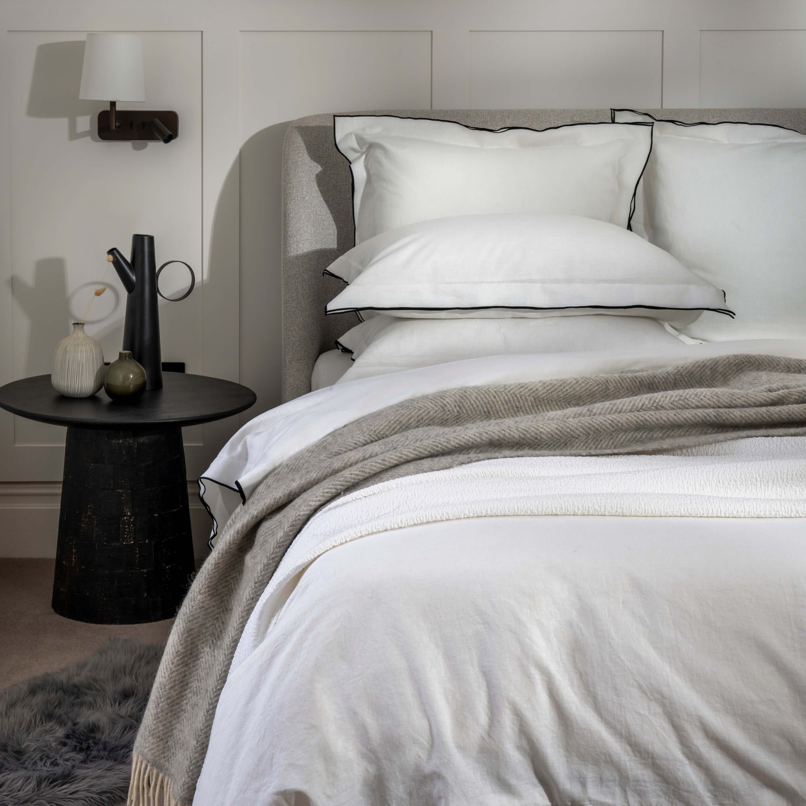 White/Charcoal Overlocked Edge Linen & Cotton Blend Duvet Cover bedroom detail | Soak and Sleep