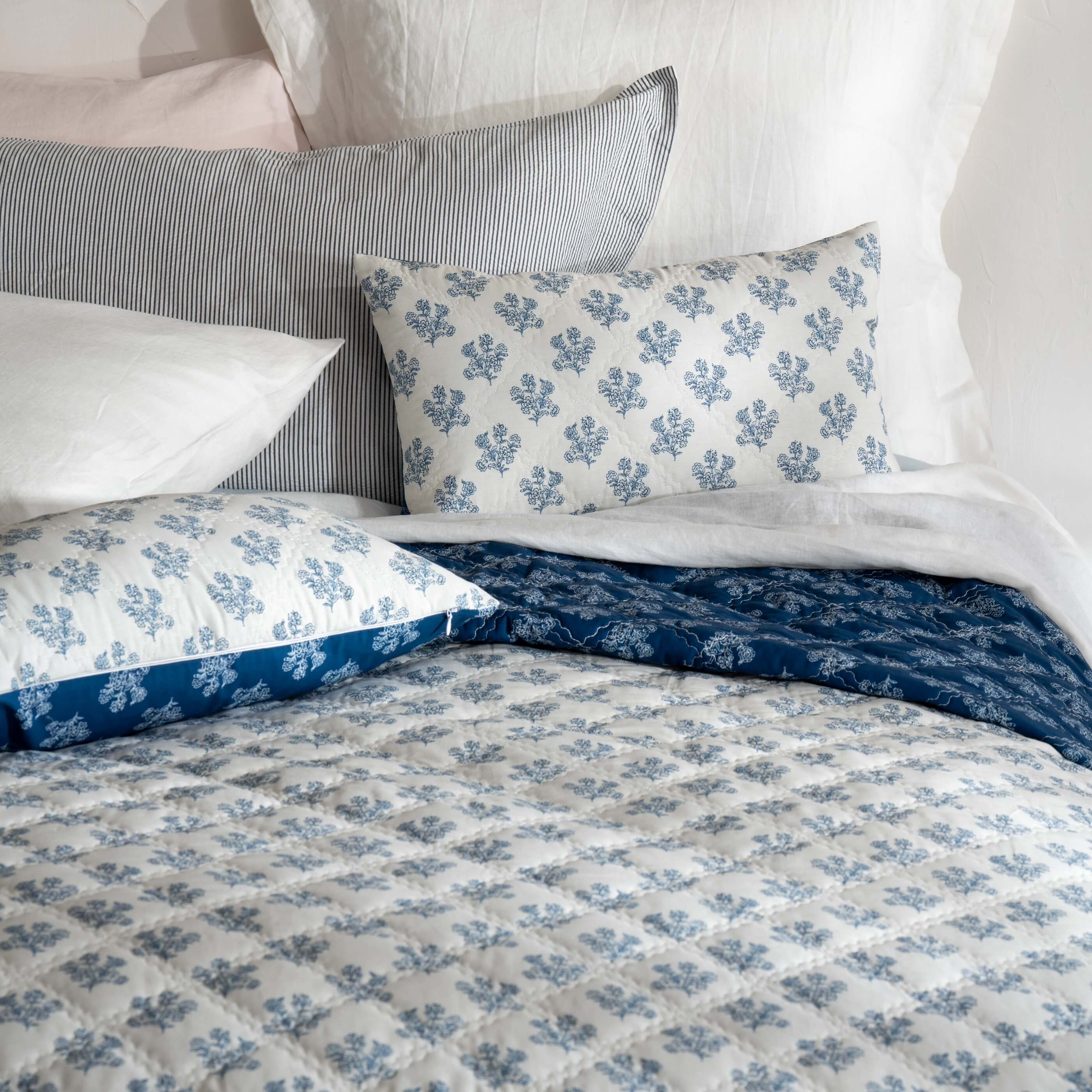 Midnight Blue Reversible Floral Print Bedspread & Cushion Covers