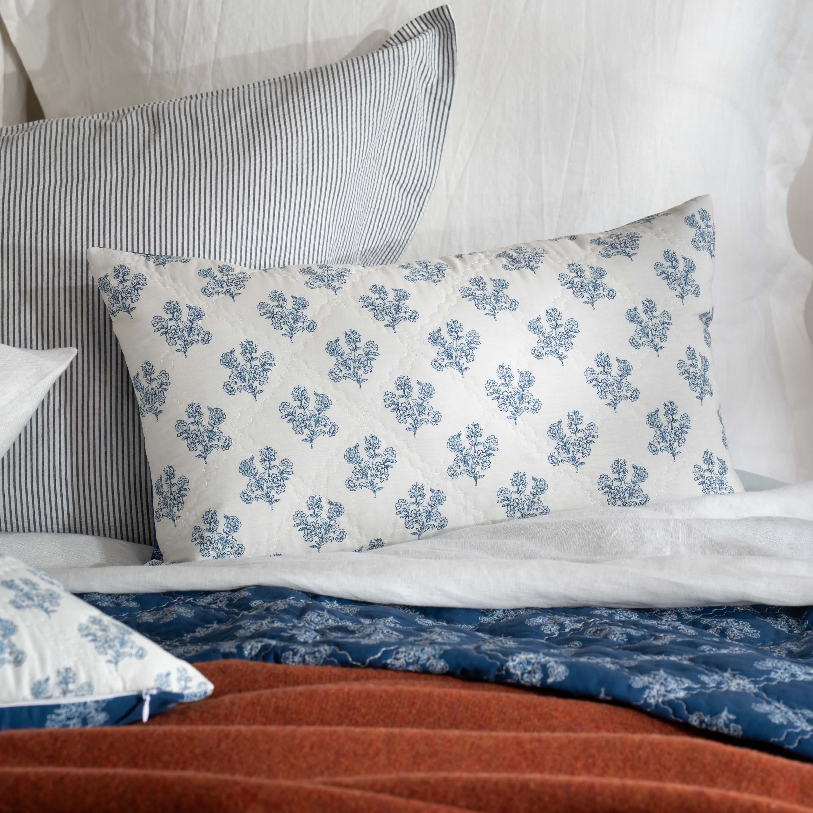 Midnight Blue Reversible Floral Print Bedspread & Cushion Covers