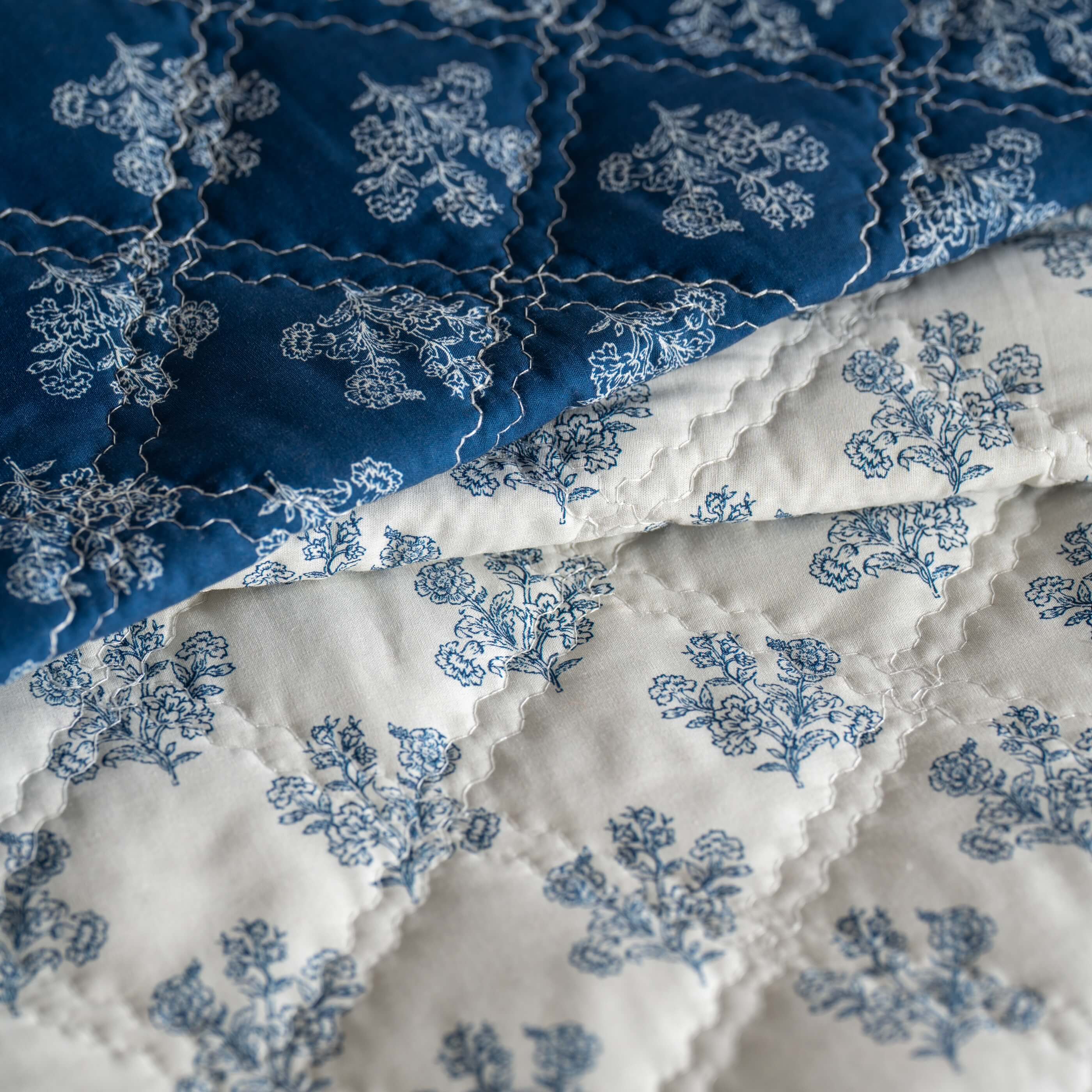 Midnight Blue Reversible Floral Print Bedspread & Cushion Covers