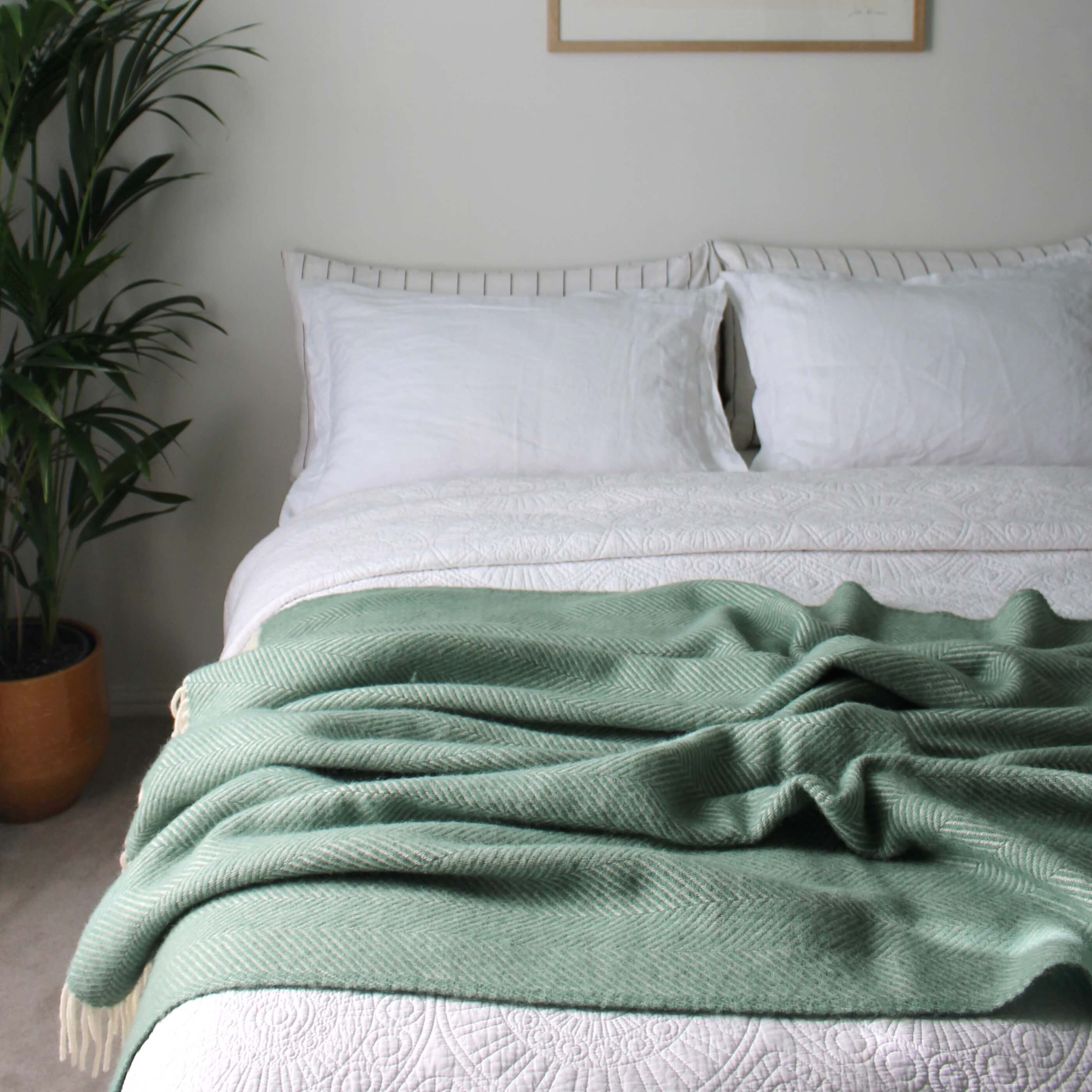 Sea Green Herringbone Pure Wool Throw