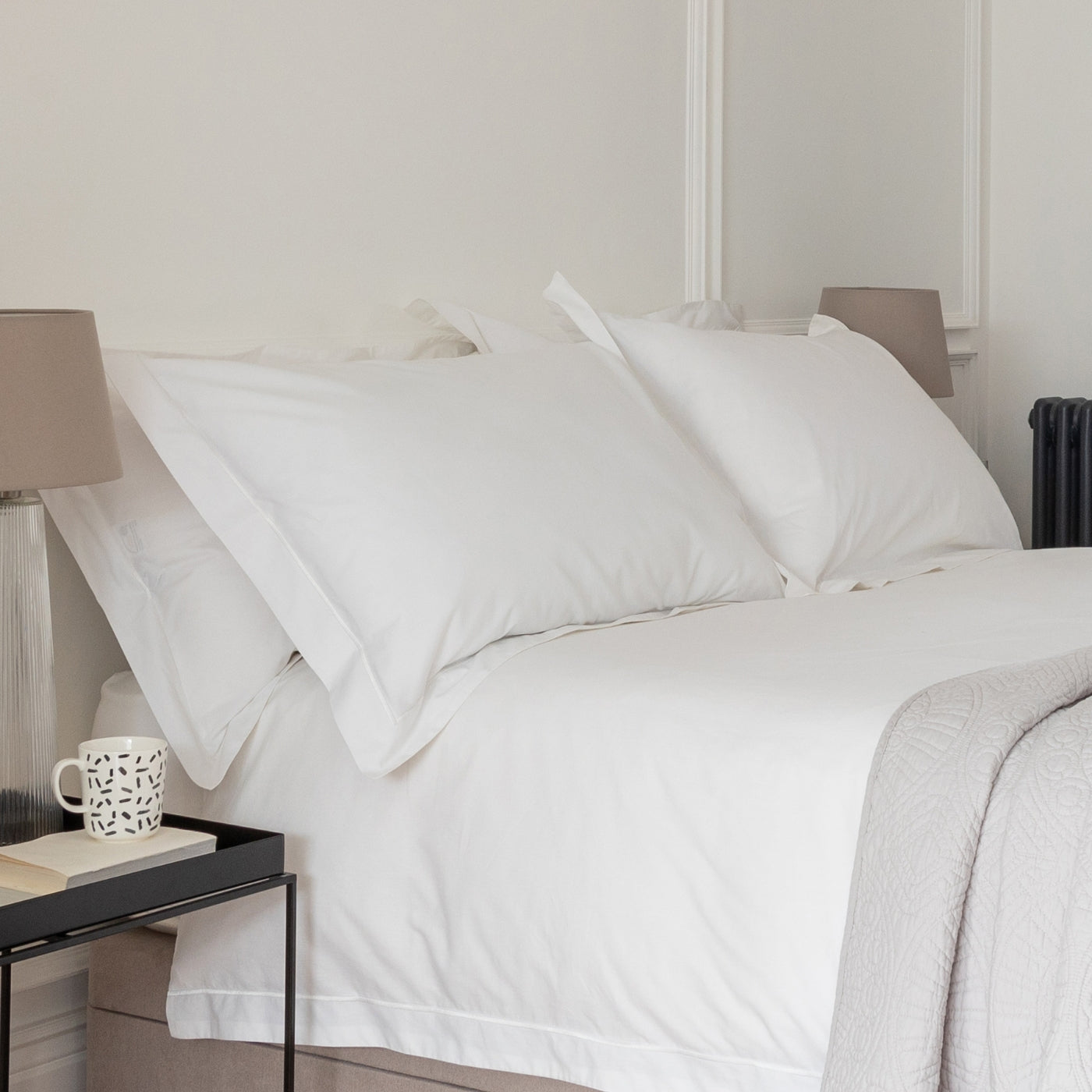White 200 Thread Count Egyptian Cotton Bed Sets styled in a bedroom | Soak and Sleep