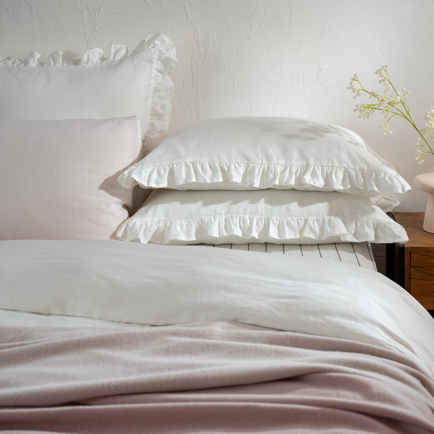 White Ruffled French Linen Duvet Cover