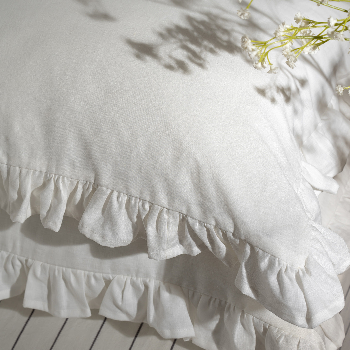 White Ruffled Linen/Cotton Blend Bedding