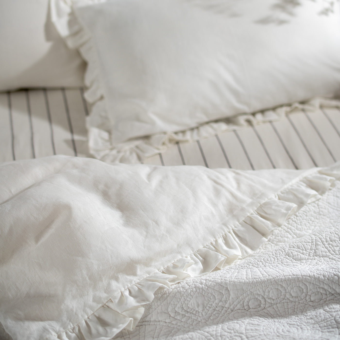 White Ruffled Linen/Cotton Blend Bedding