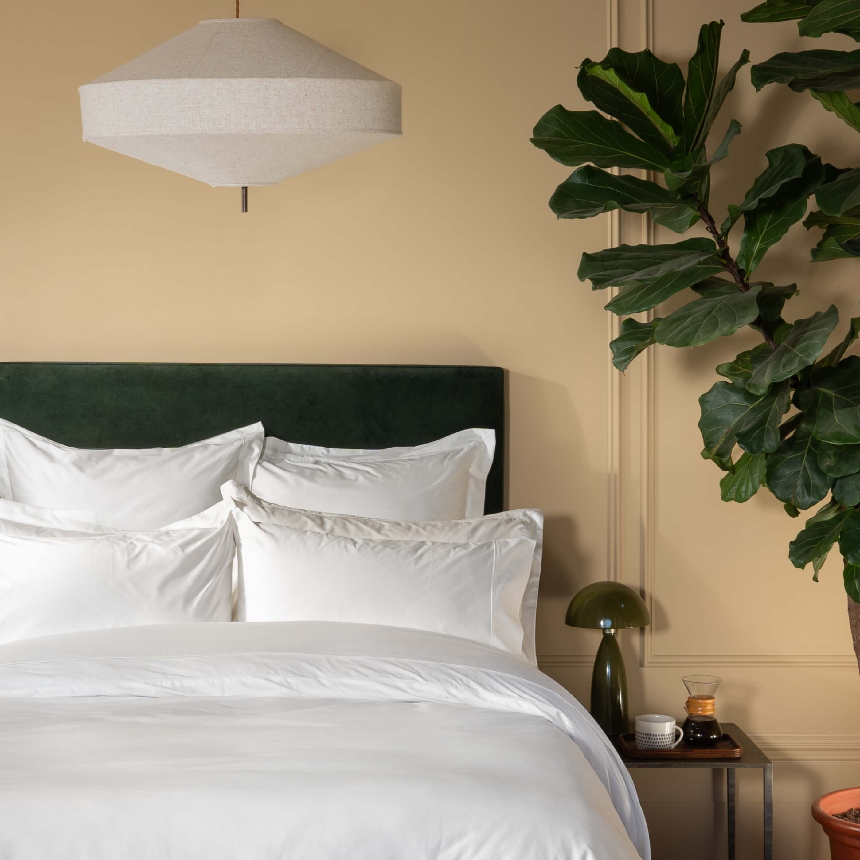 White Supima Cotton 1000 Thread Count Bedding - linen, in a styled bedroom 1 | Soak and Sleep