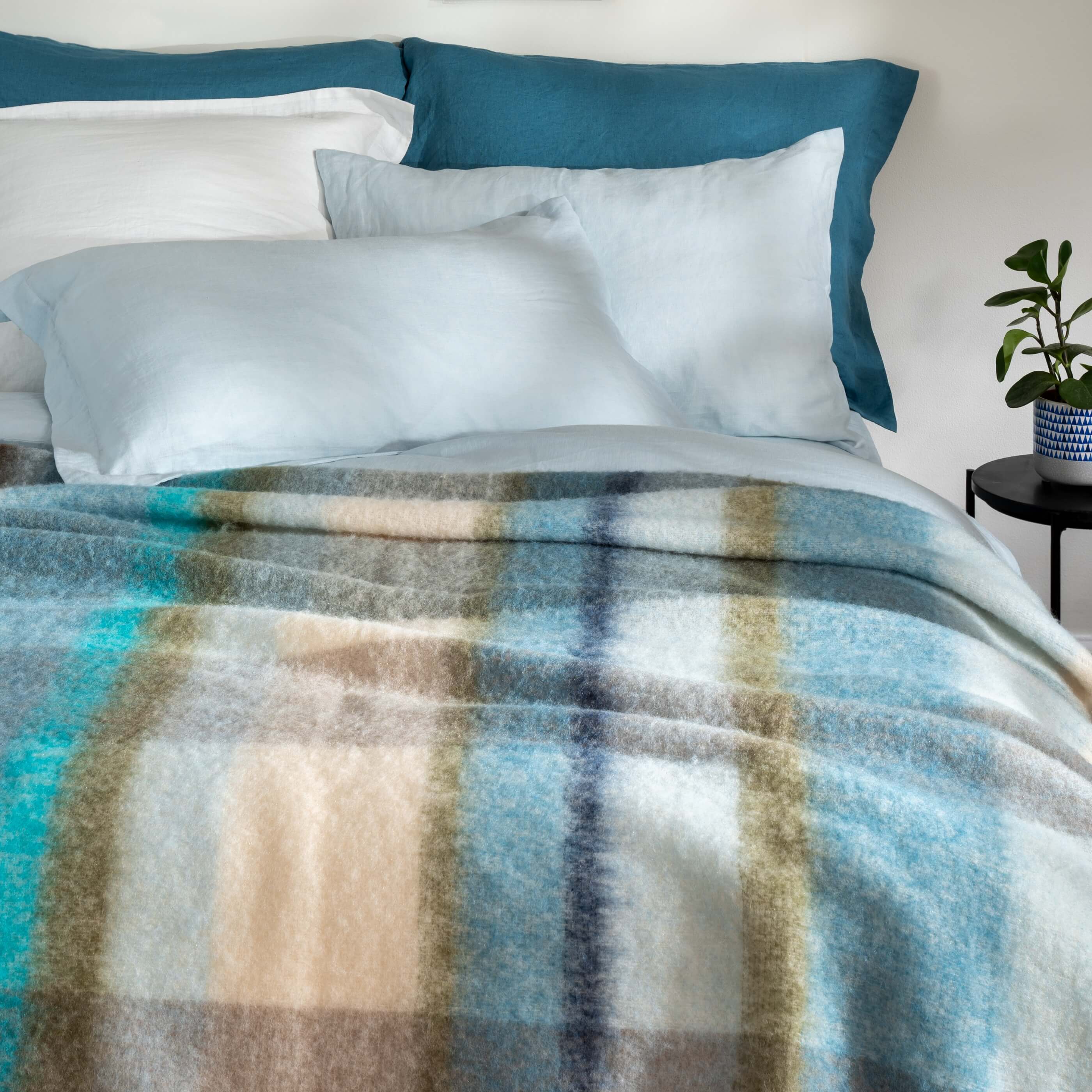 Blue Brushed Check Wool Blend Throw