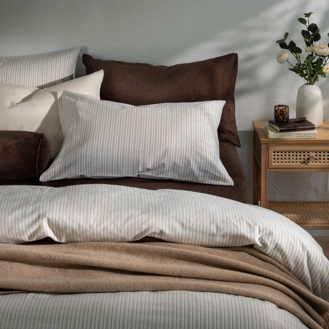 Blue/Natural Stripe Brushed Cotton Bedding and Bed Sheets