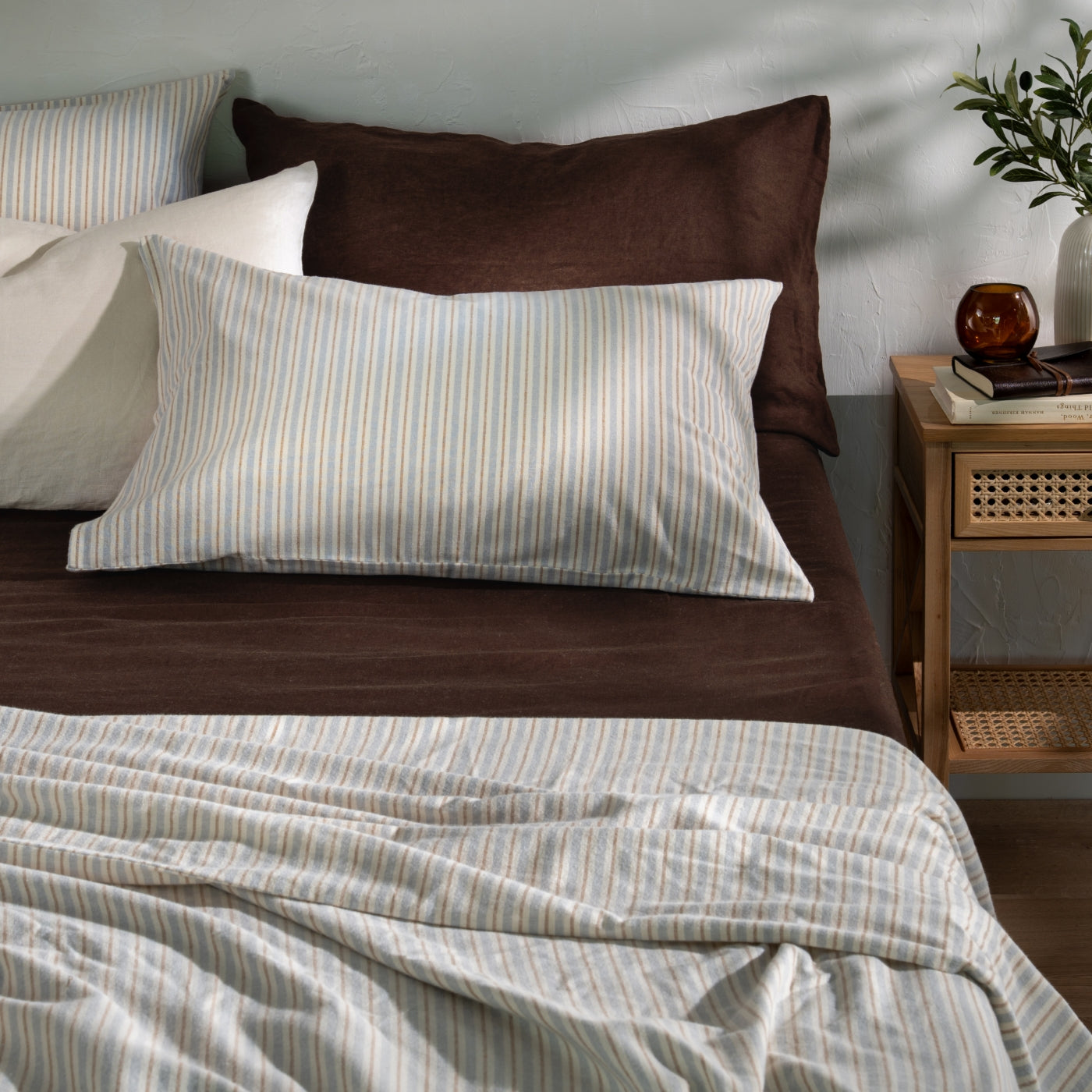 Blue/Natural Stripe Brushed Cotton Bedding and Bed Sheets