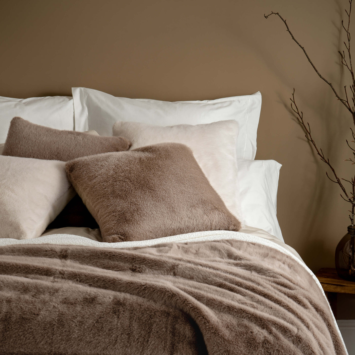 Fawn Faux Fur Throw & Cushions - winter, double, styled in a bedroom | Soak and Sleep