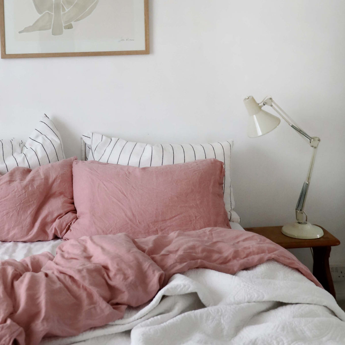 Dusky Pink French Linen Pillowcases in a styled bedroom 1 | Soak and Sleep