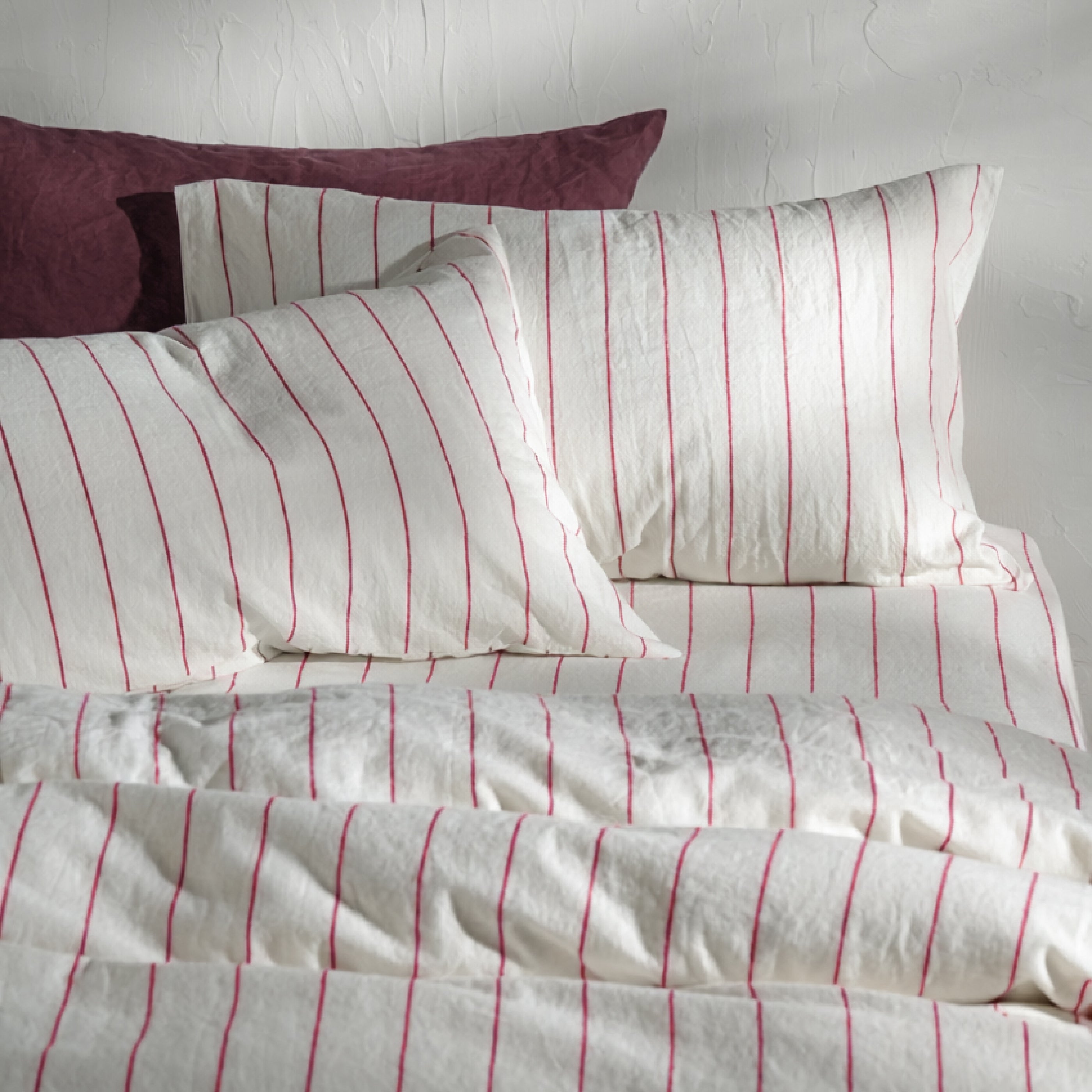 White/Fuchsia Pinstripe Linen Cotton Blend Bedding