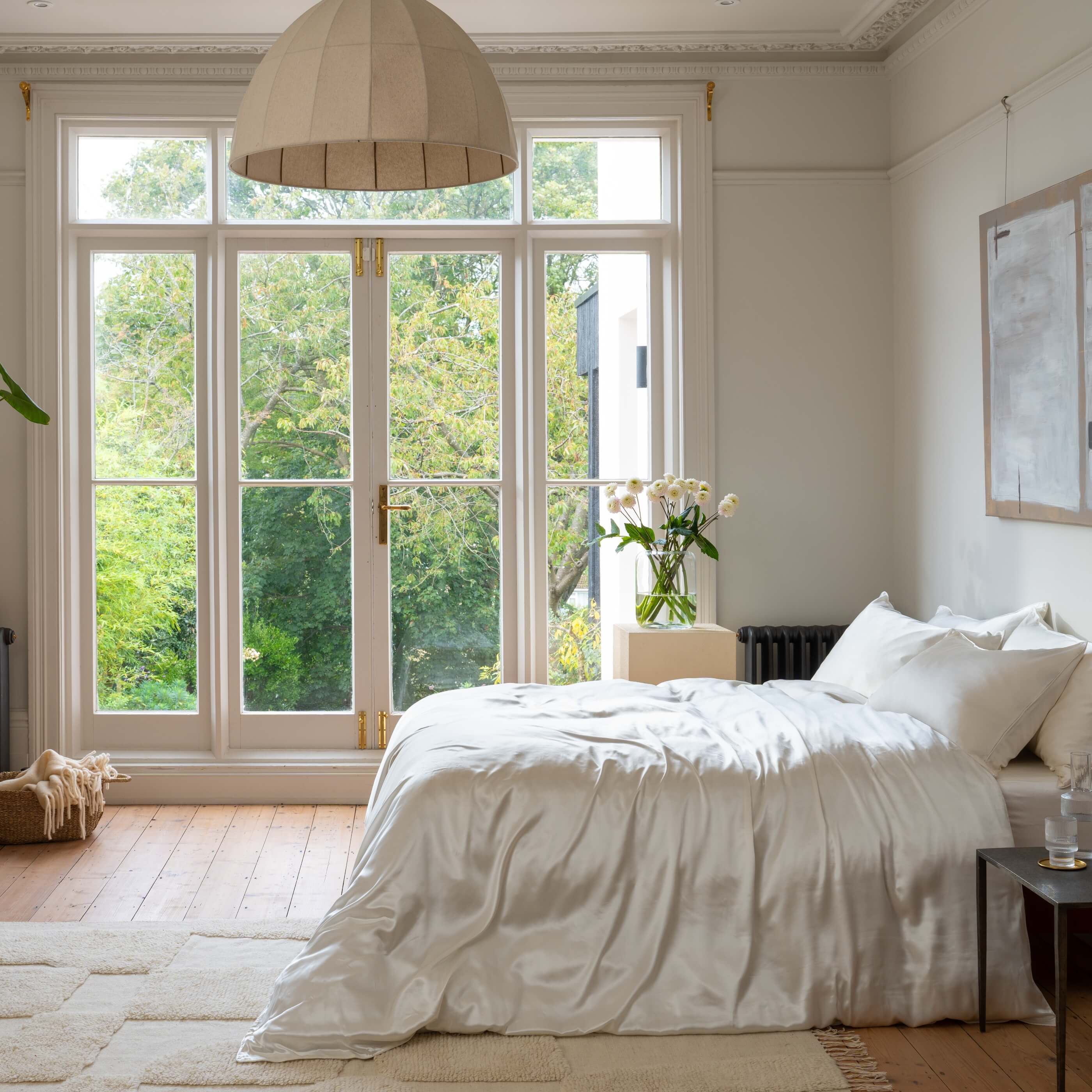 Ivory Mulberry Silk Duvet Cover in a styled bedroom 5 | Soak and Sleep