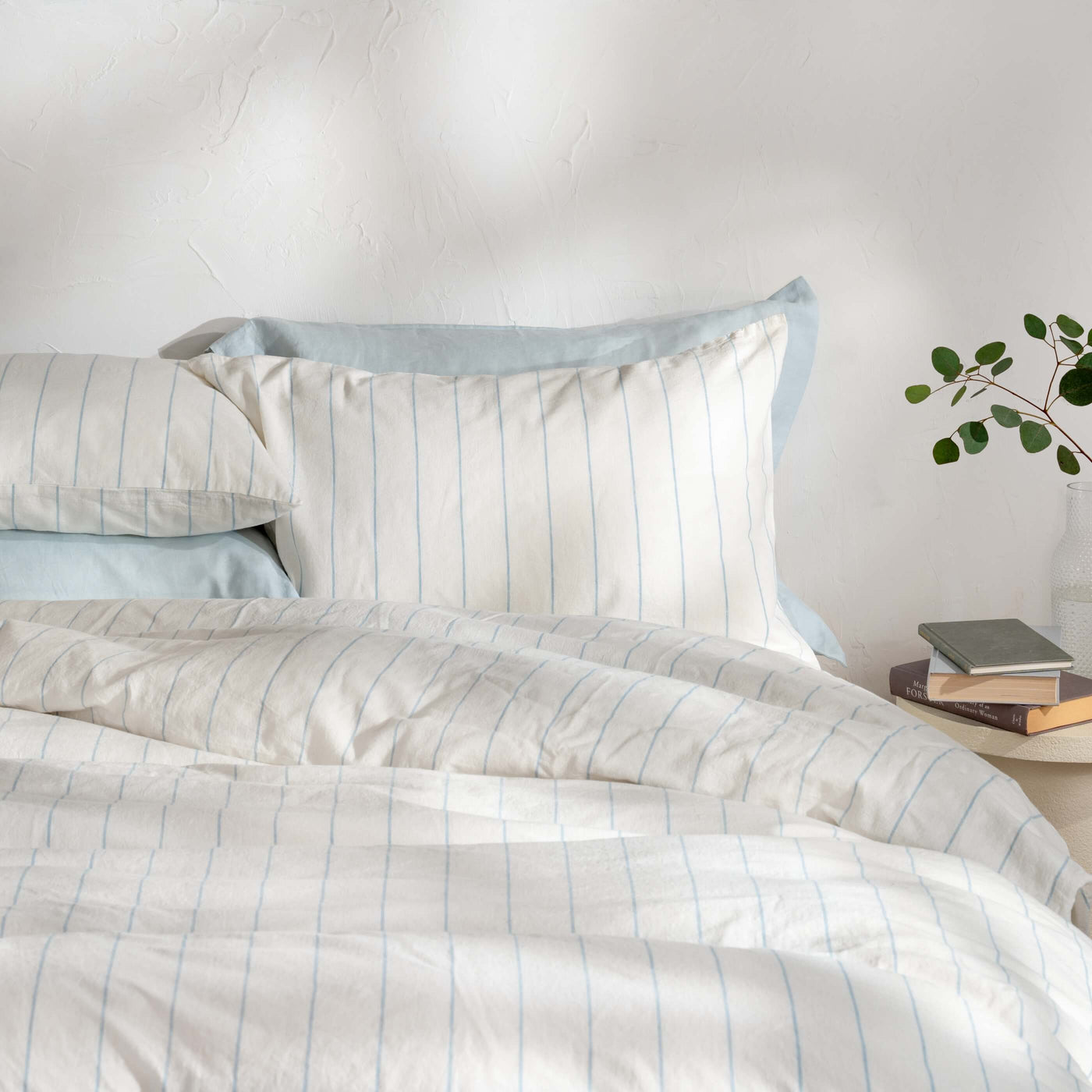 White/Blue Pinstripe Linen Cotton Blend Bedding bedroom detail | Soak and Sleep
