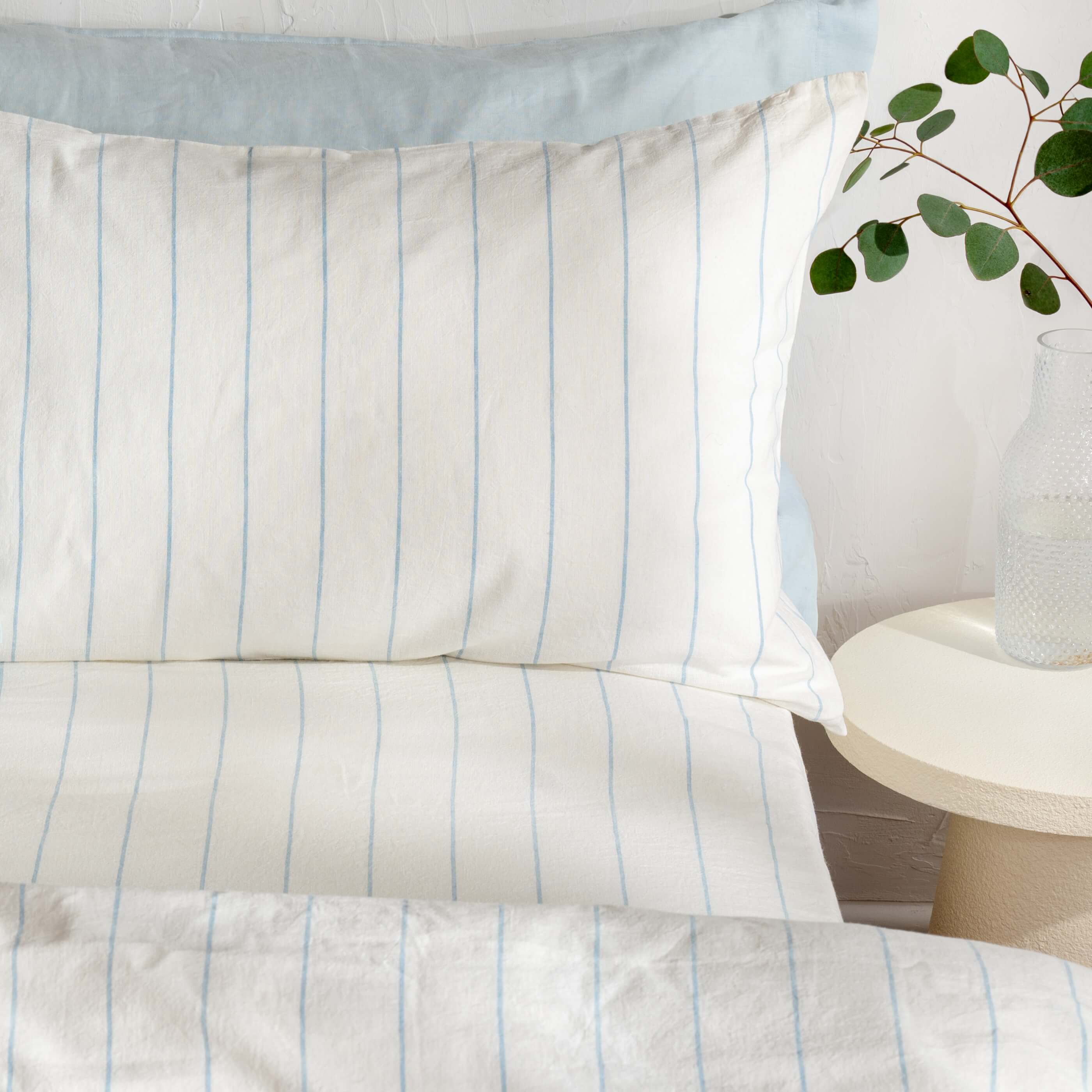 White/Blue Pinstripe Linen Cotton Blend Duvet Cover