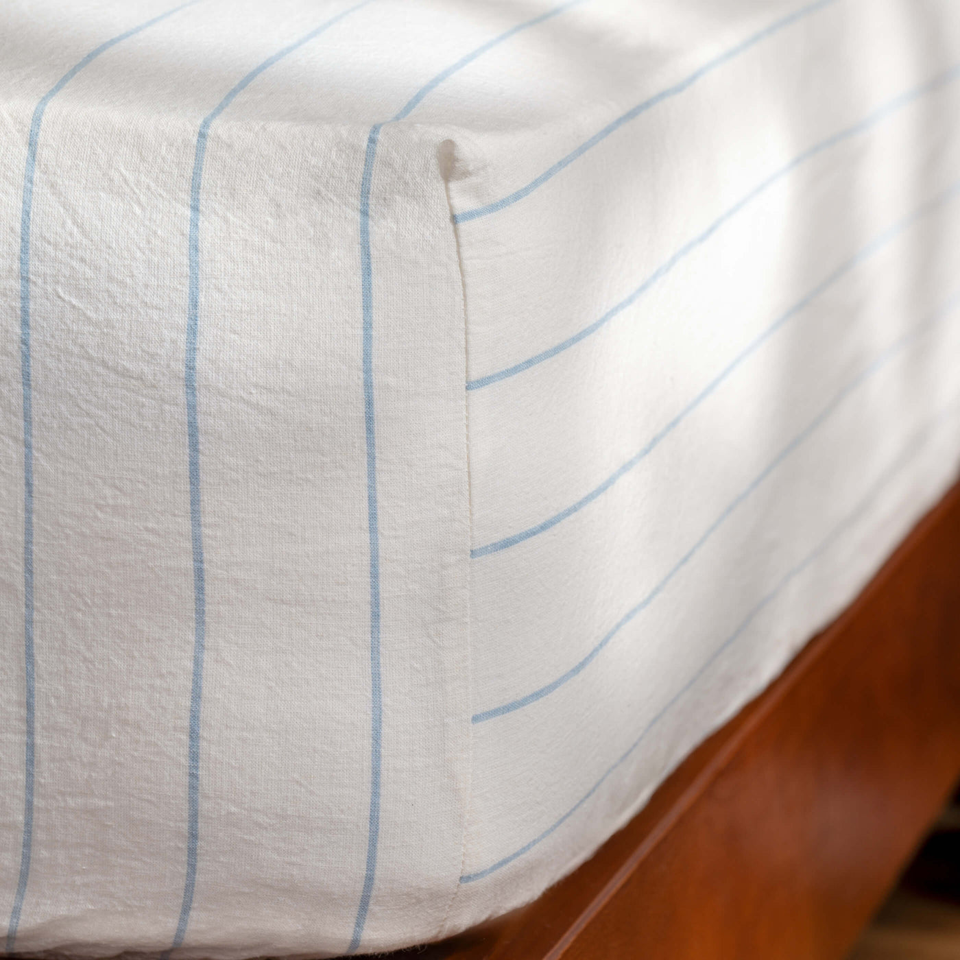 White/Blue Pinstripe Linen Cotton Blend 30cm Standard Fitted Sheets close-up detail 1 | Soak and Sleep