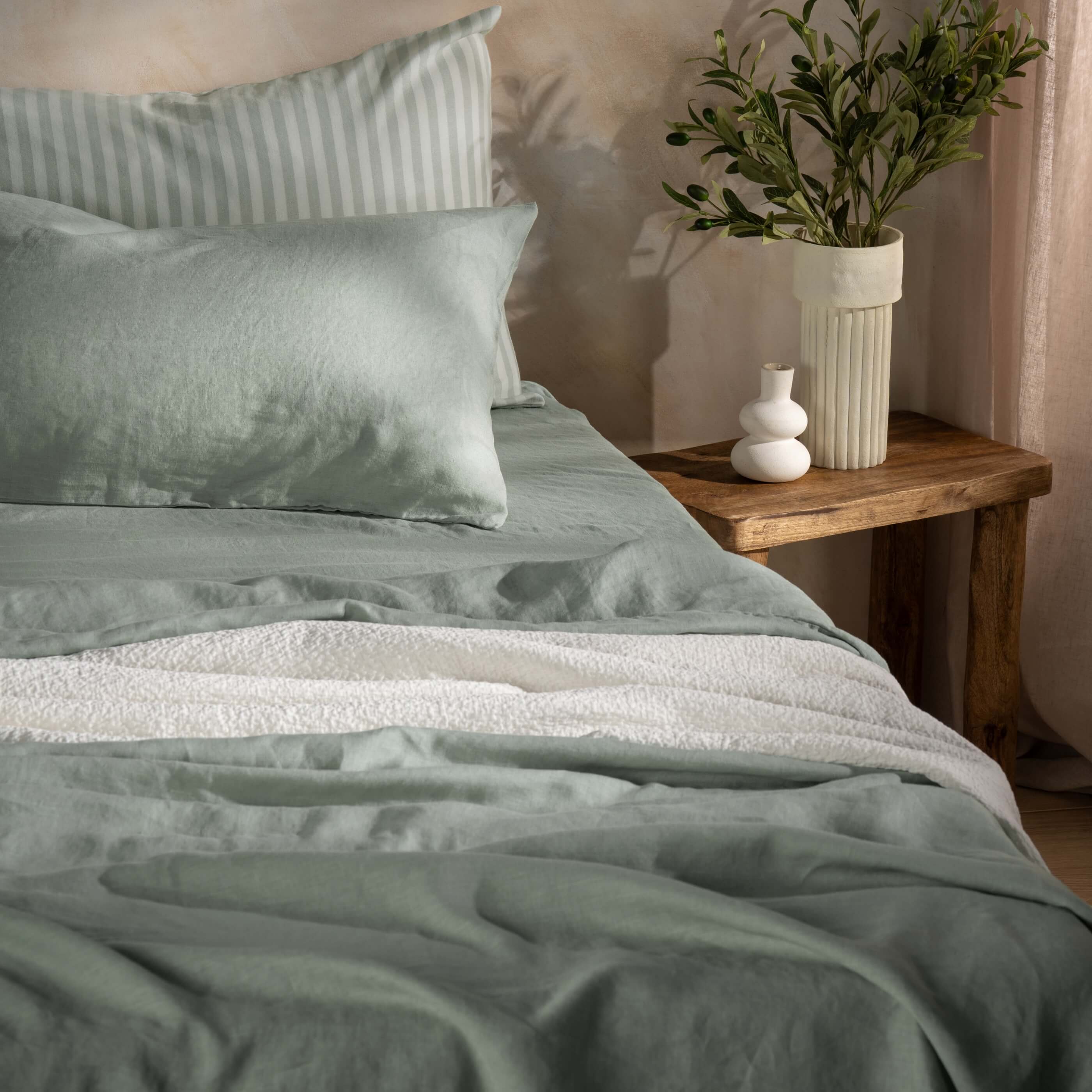 Misty Green French Linen Bedding and Bed Sheet