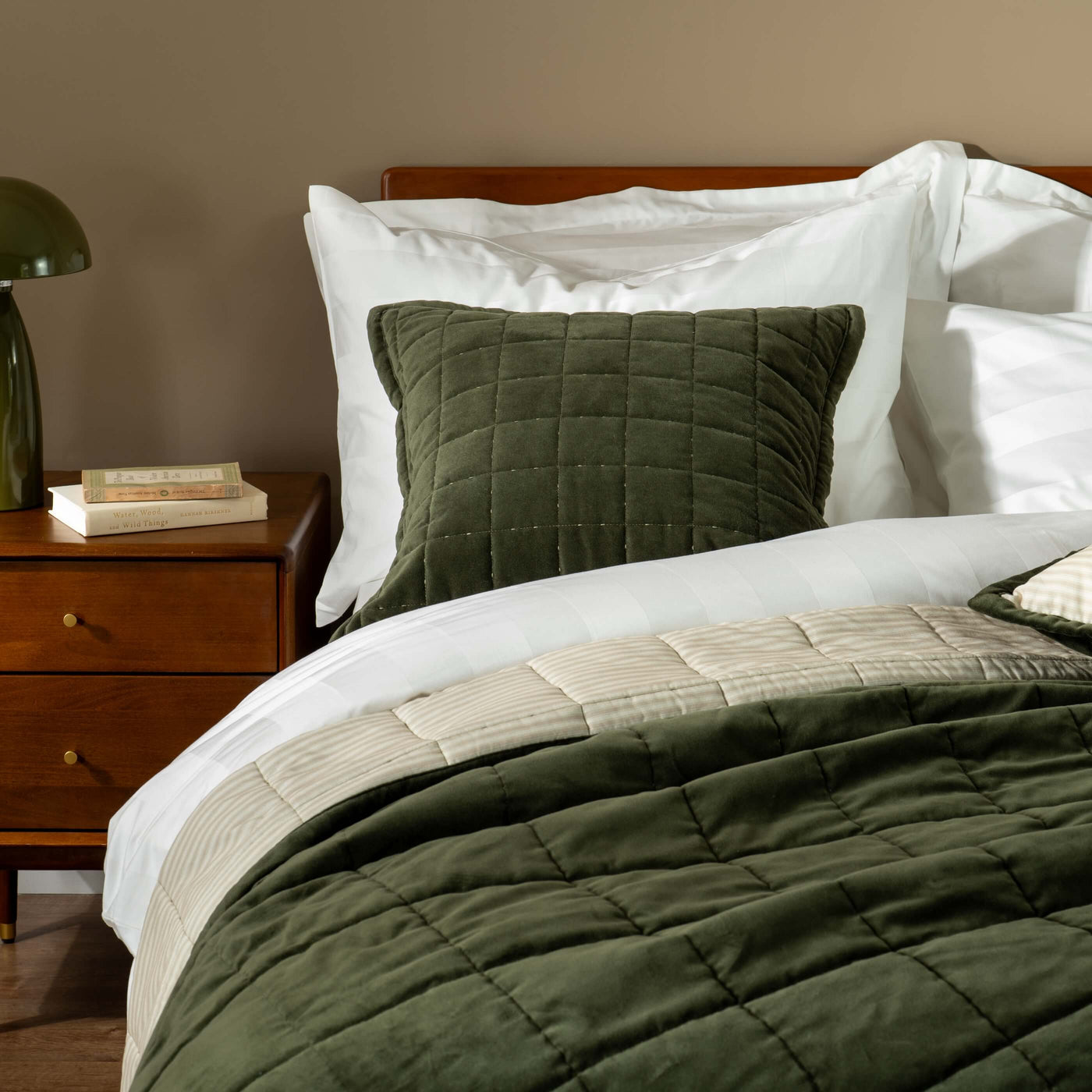 Olive Green Velvet Cotton Quilted Bedspreads - stripe, styled in a bedroom | Soak and Sleep