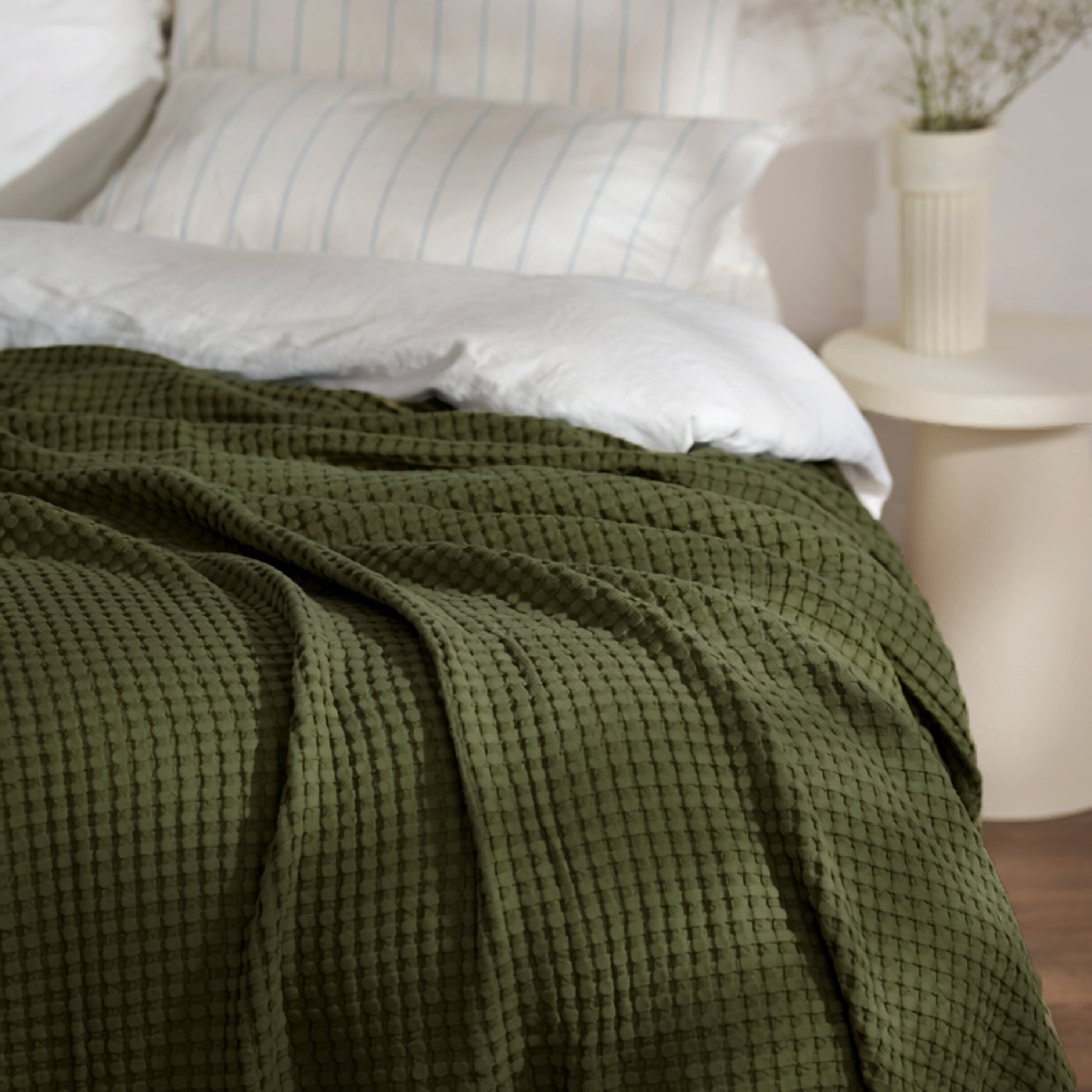 Olive Green Waffle Cotton Bedspread