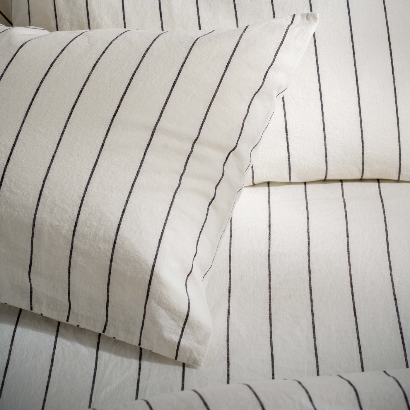 White/Blackberry Pinstripe Linen Cotton Blend Pillowcases bedroom detail | Soak and Sleep