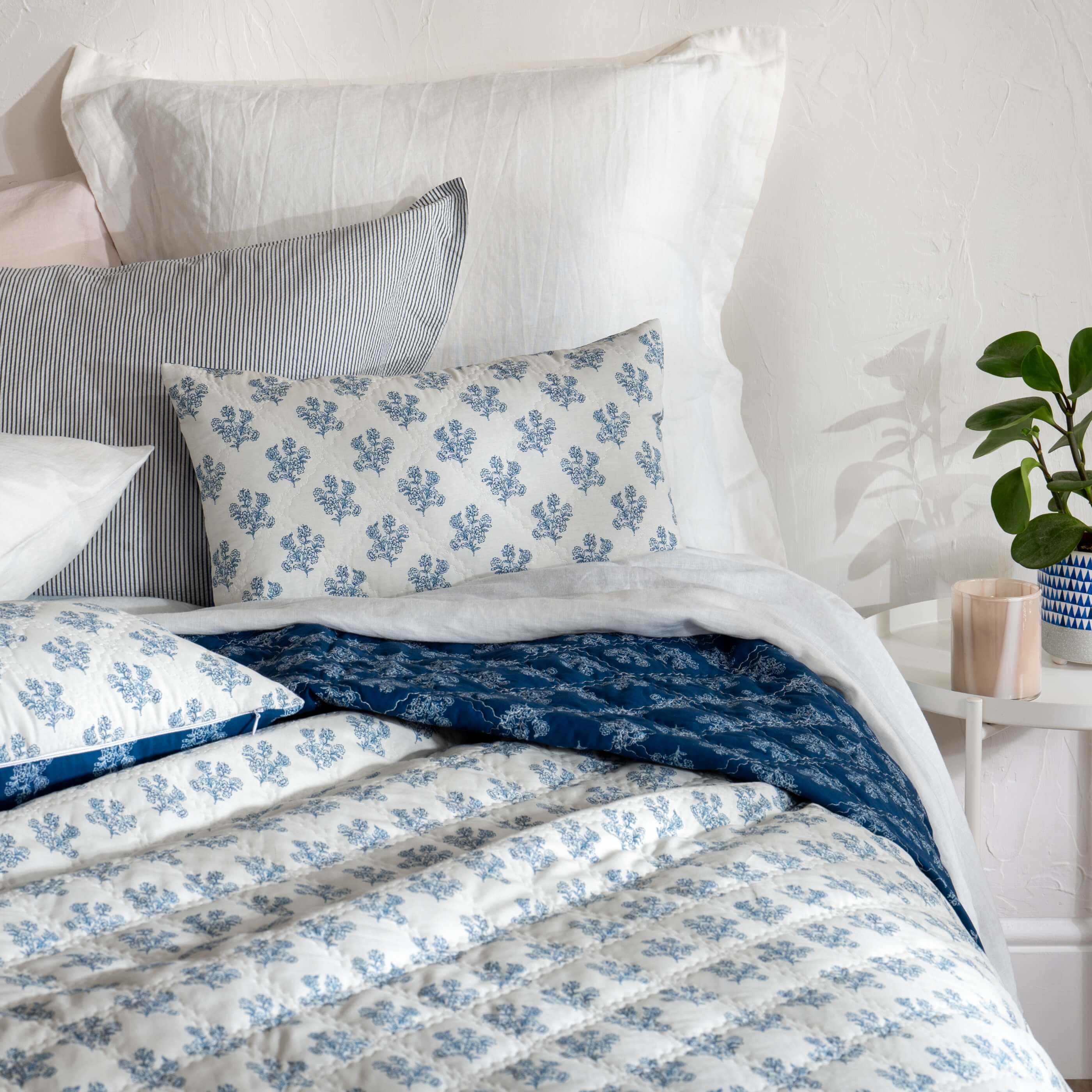 Midnight Blue Reversible Floral Print Bedspread
